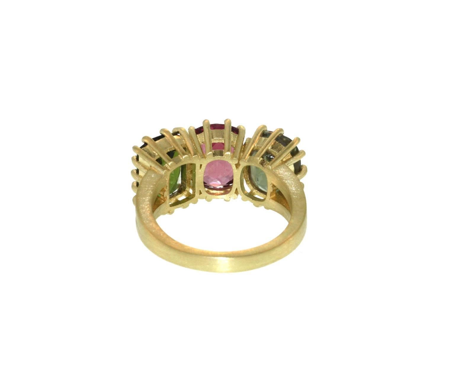 Contemporary Multi Color Triple Tourmaline Gold Ring  For Sale