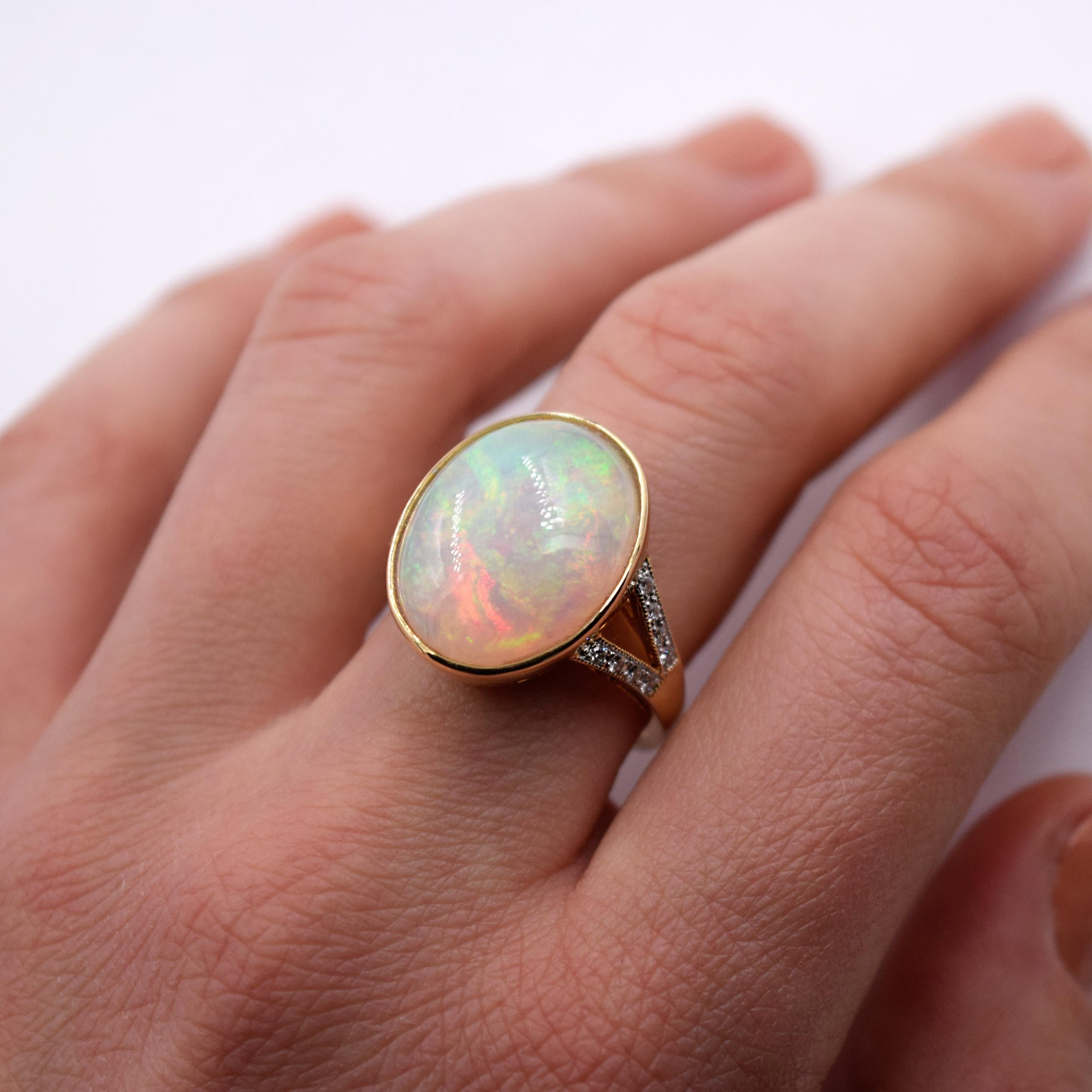 8.09 Carat Ethiopian Opal and White Diamond Statement Ring in 14 Karat Gold For Sale 1
