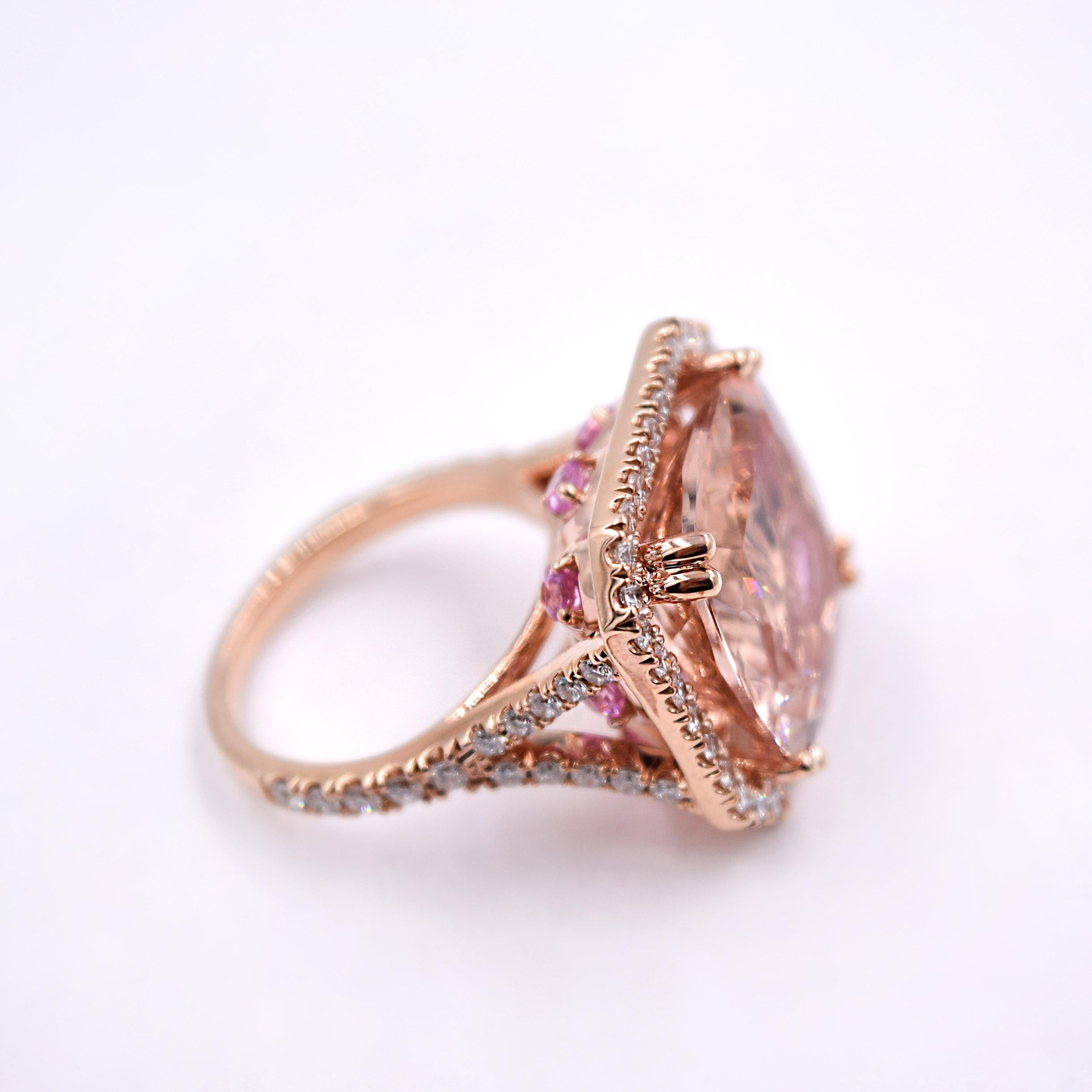 Cushion Cut Morganite with Pink Sapphires and White Diamonds Cocktail Ring in 18 Karat Gold For Sale