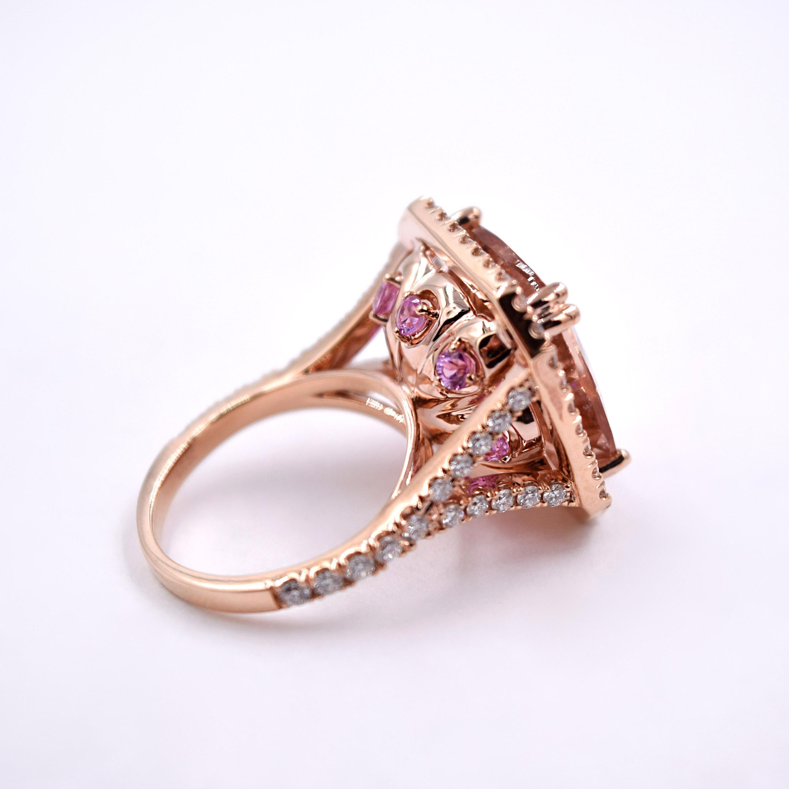 Morganite with Pink Sapphires and White Diamonds Cocktail Ring in 18 Karat Gold In New Condition For Sale In Mill Valley, CA