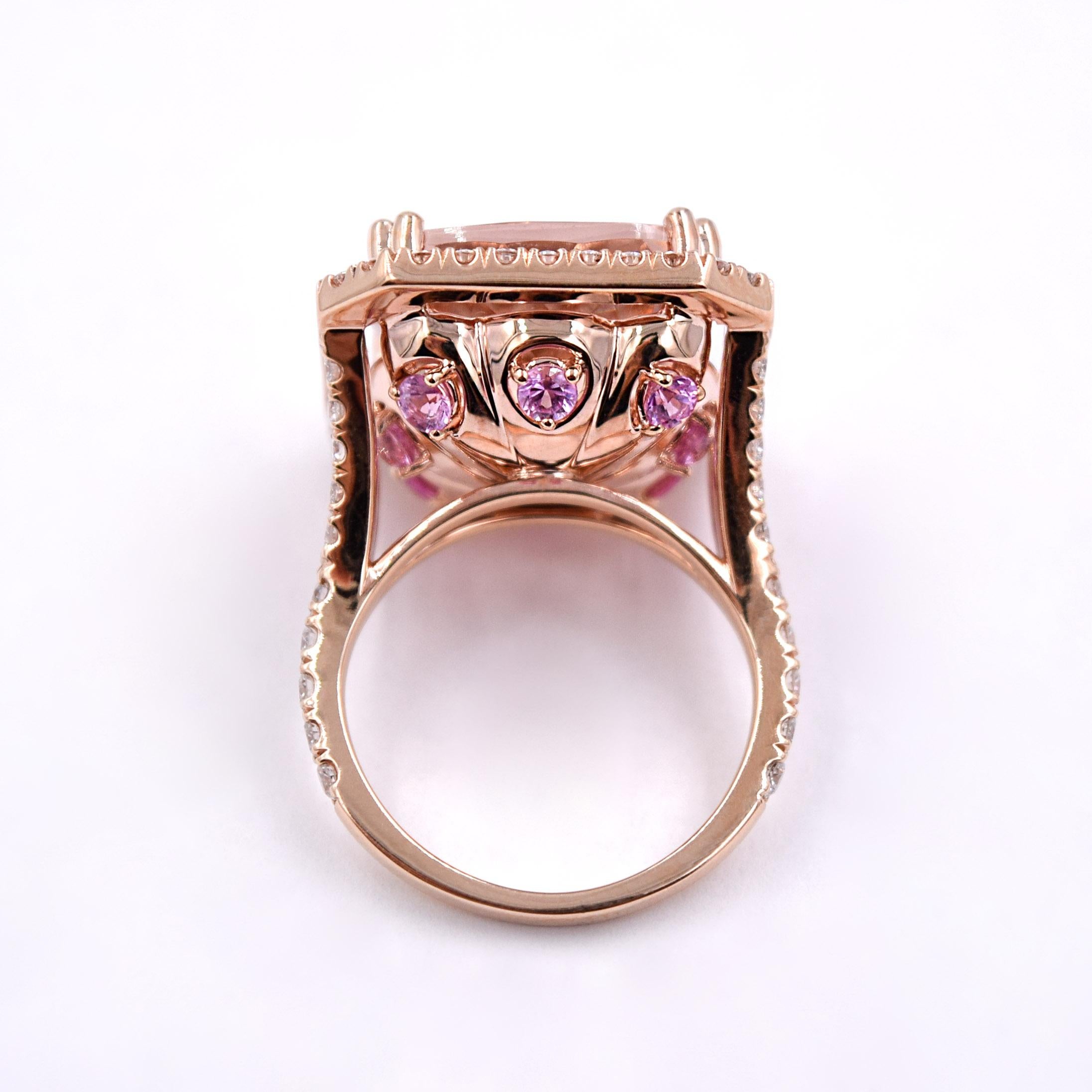 Women's Morganite with Pink Sapphires and White Diamonds Cocktail Ring in 18 Karat Gold For Sale