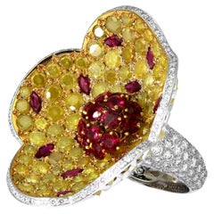 Designer De Grisogono Big Floral Cocktail Ring with Ruby, Yellow & White Diamond