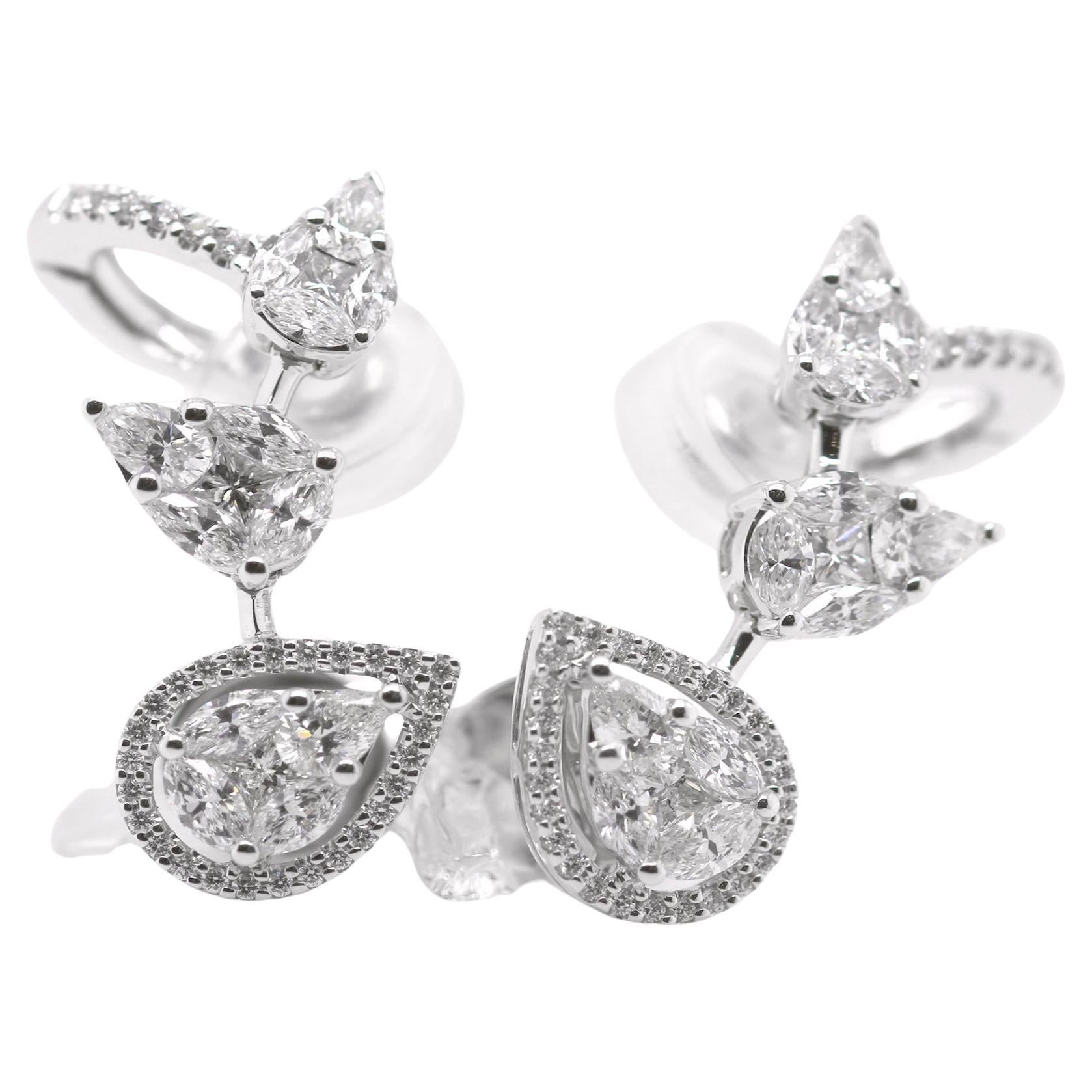 18ct White Gold Fancy Cut Pear & Brilliant Diamond Statement Earrings For Sale