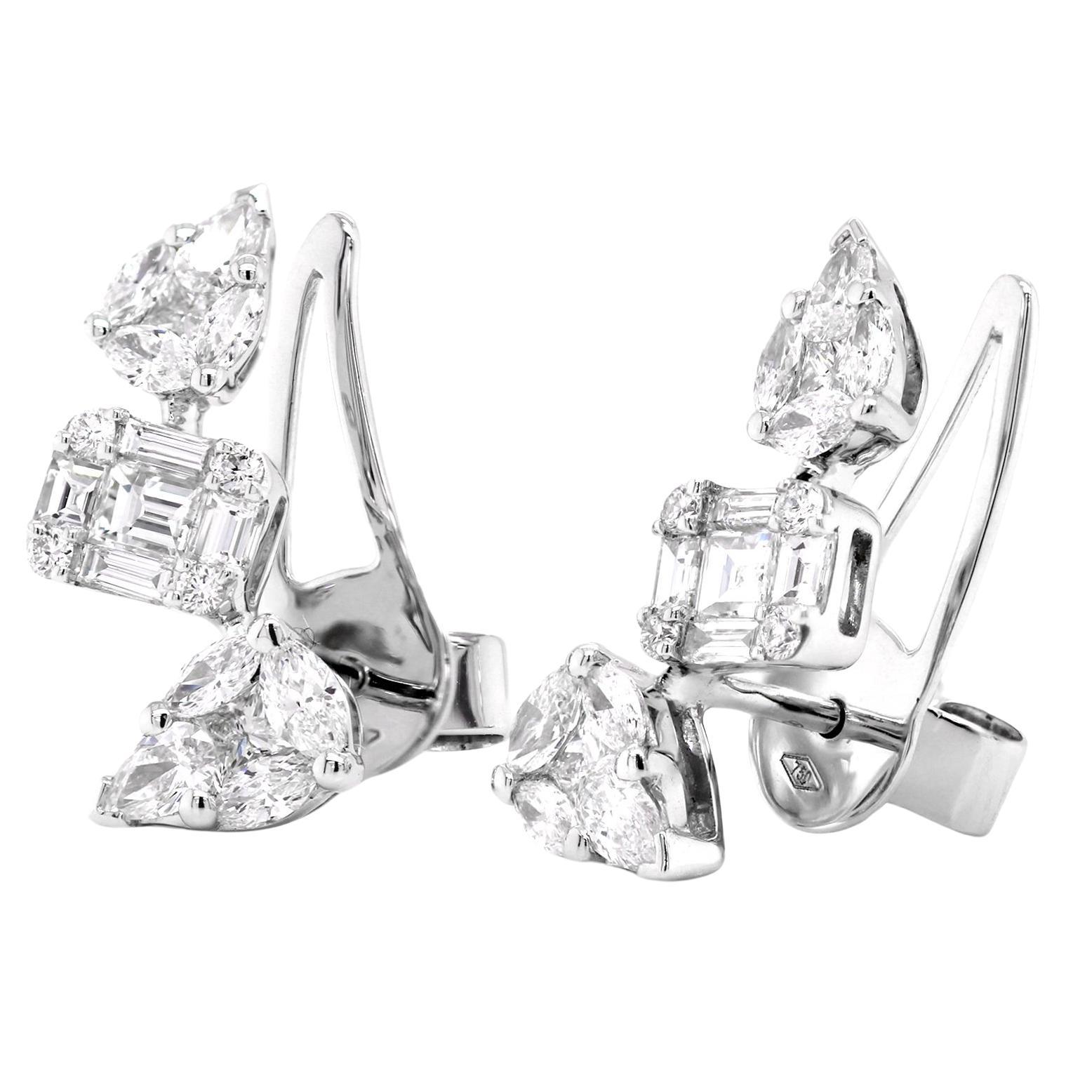 Boucles d'oreilles fantaisie en or blanc 18 carats et diamants brillants de forme fantaisie