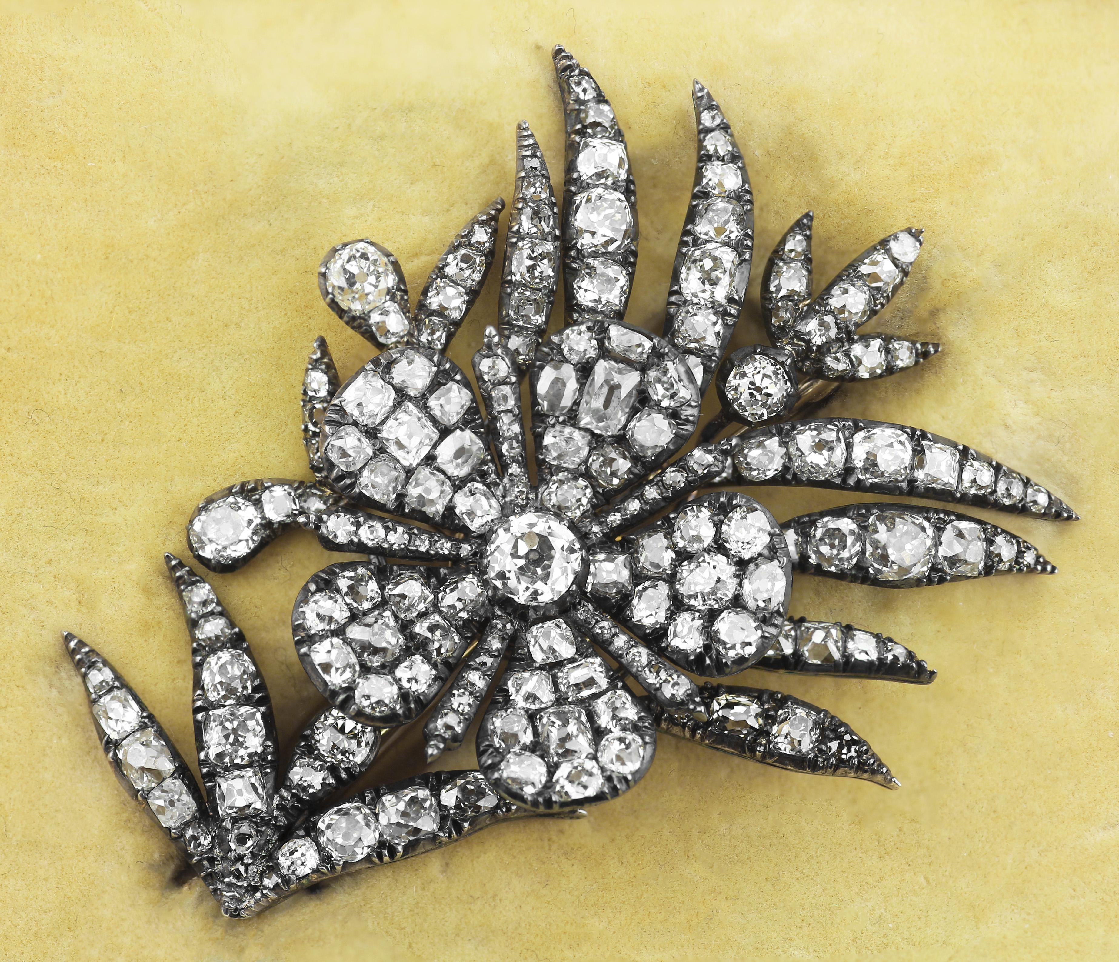 Early Victorian En Tremblant Diamond Floral Brooch, Old Mine, Cushion, European 2