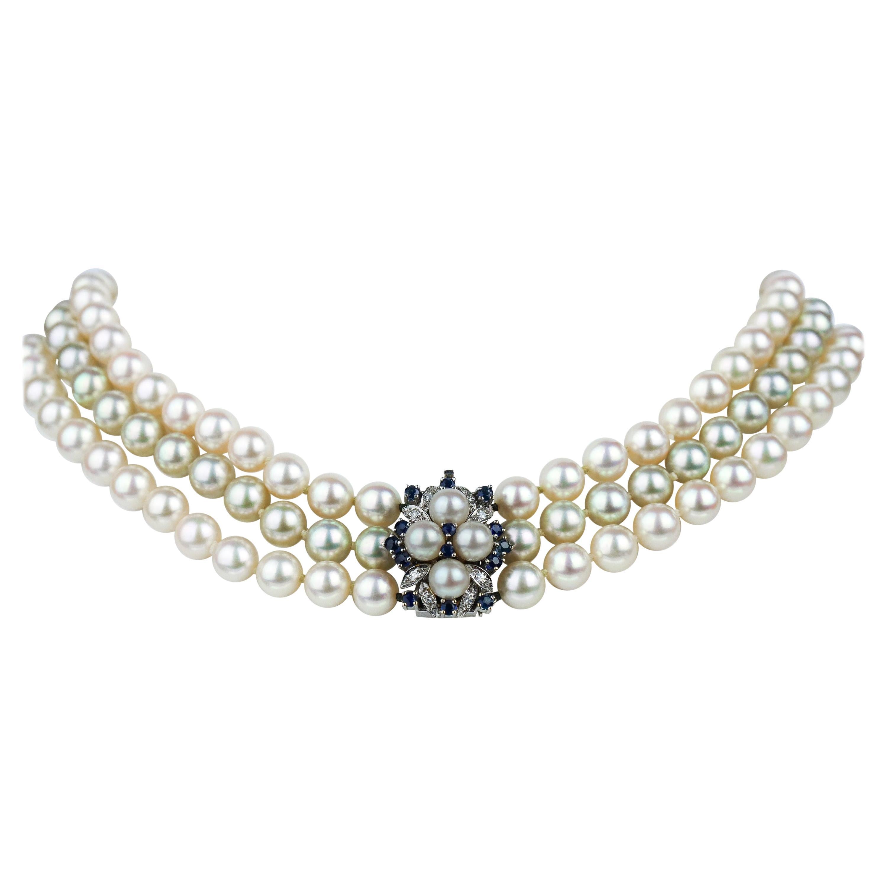 Bespoke Three-Row Akoya Pearl Necklace with Diamond and Sapphire Clasp For Sale