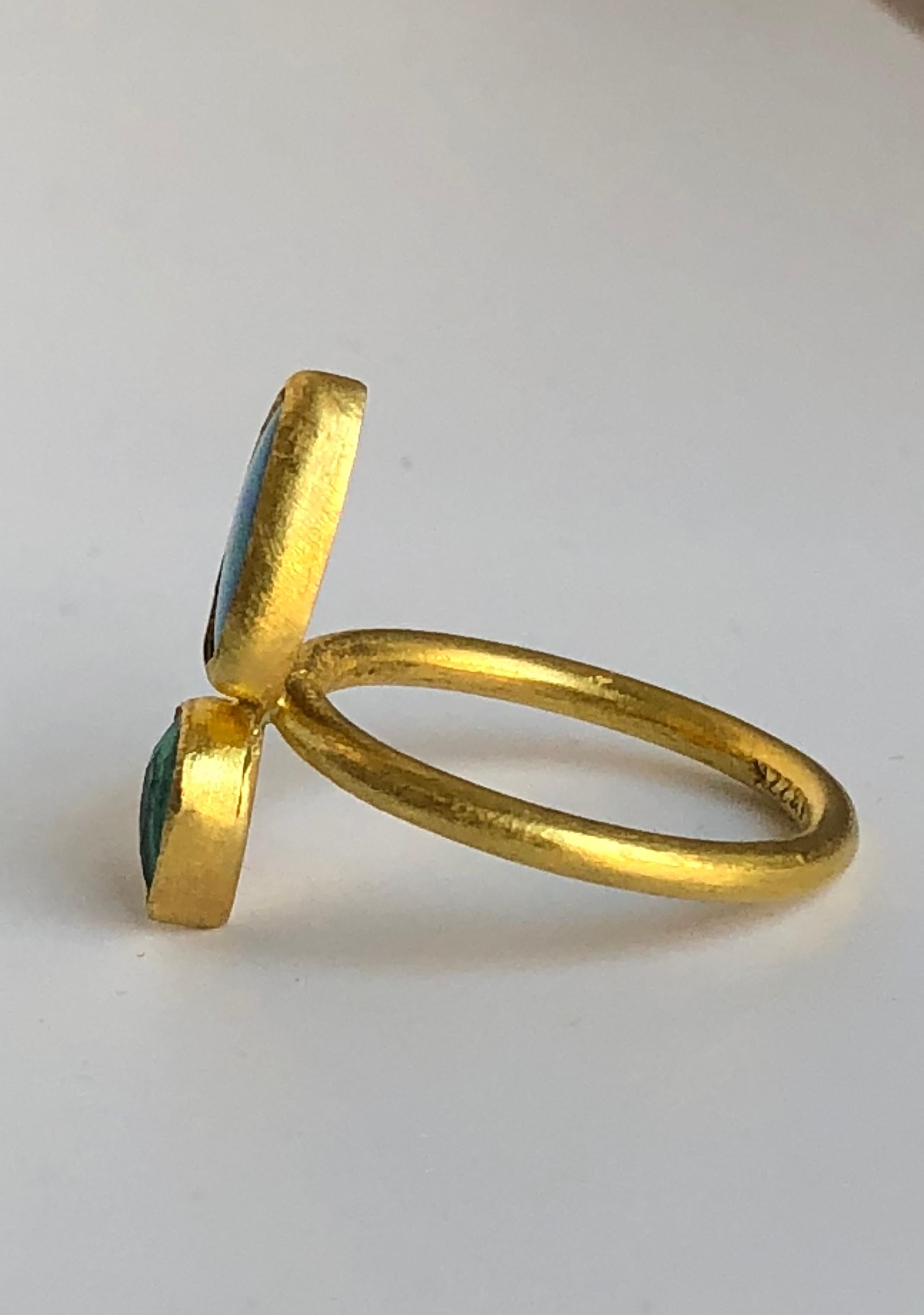 Contemporary 22 Karat Gold, Rose Cut Zambian Emerald, Australian Opal Double Stone Ring