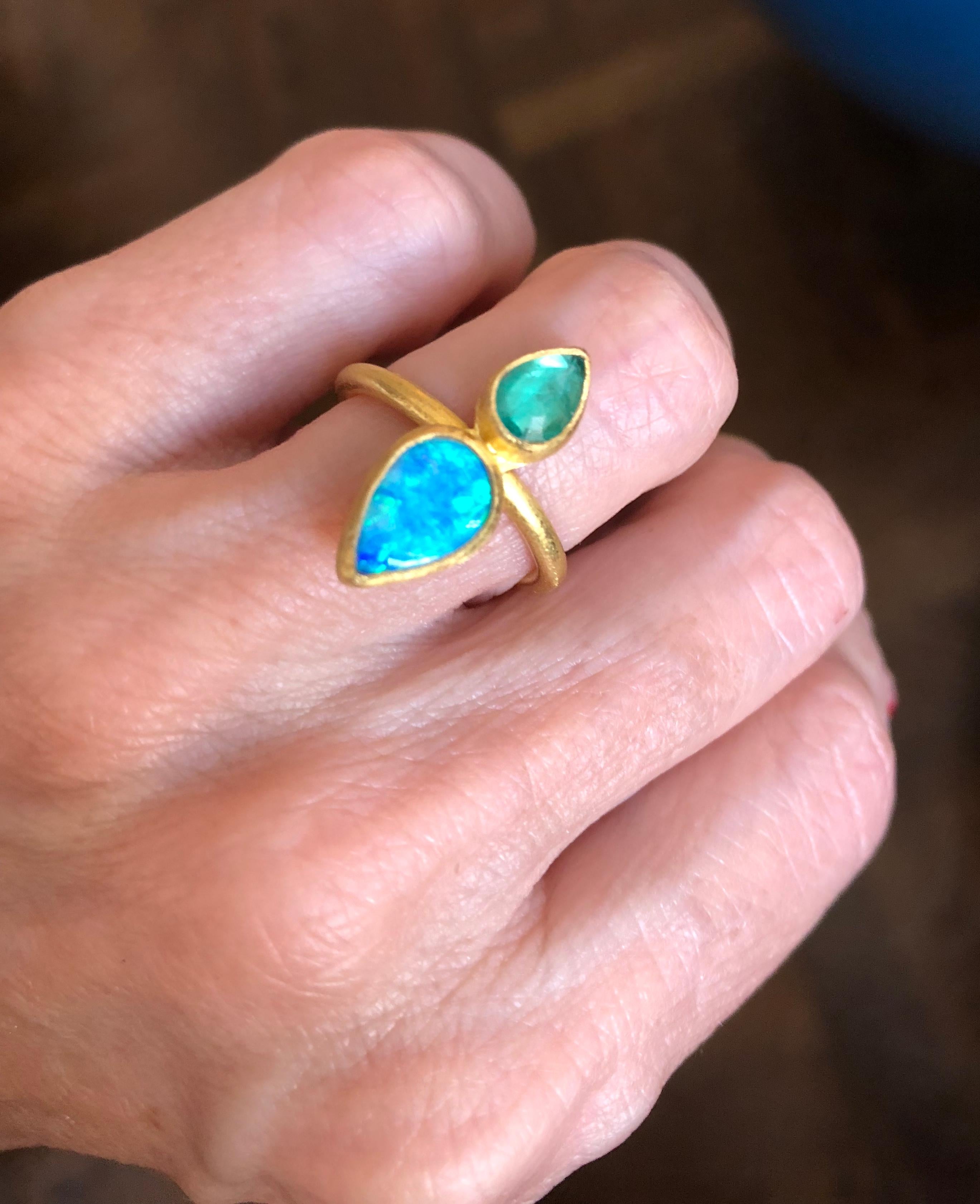 Women's 22 Karat Gold, Rose Cut Zambian Emerald, Australian Opal Double Stone Ring