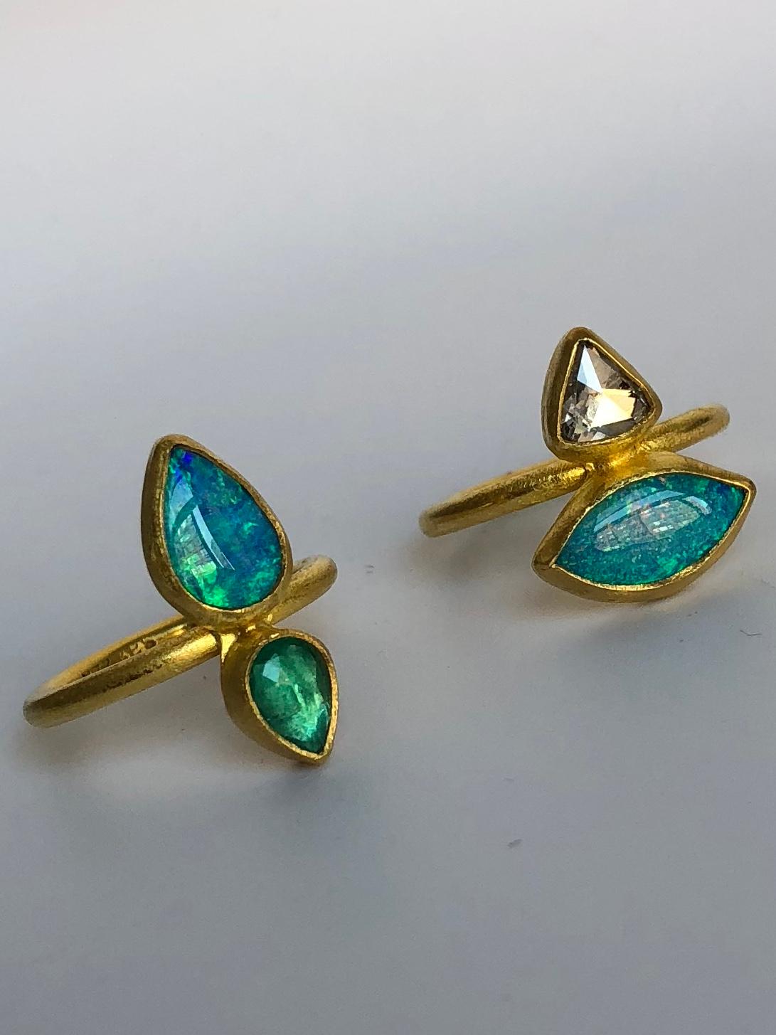 22 Karat Gold, Rose Cut Zambian Emerald, Australian Opal Double Stone Ring 1