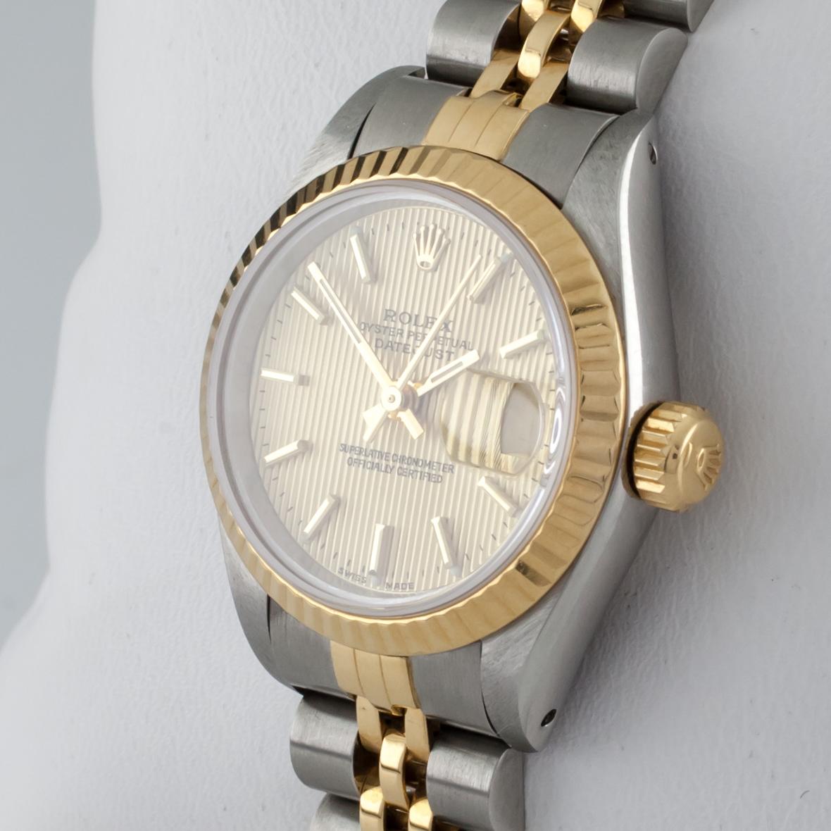 Rolex Women's OPDJ 69173 Two-Tone 18 Karat/SS with Original Box and Papers In Good Condition In Sherman Oaks, CA