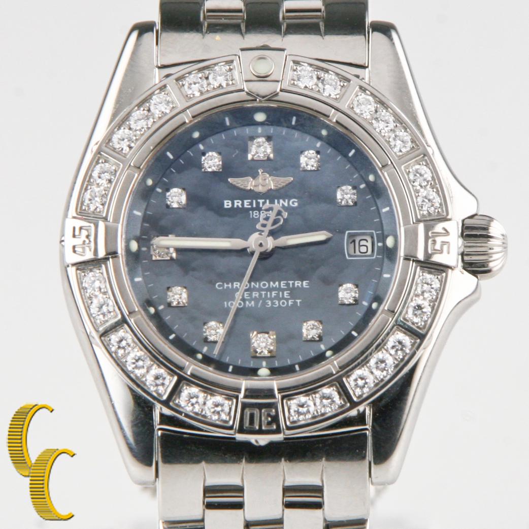 Model: Callisto
Model #A72345
Stainless Steel Case w/ Diamond Bezel
Luminous Accent at 12:00 on Bezel
27 mm in Diameter (31 mm w/ Crown)
Lug-to-Lug Distance = 36 mm
Thickness = 9 mm
Blue Mother-of-Pearl Dial w/ Diamond Tic Marks
Includes Date