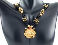 22 Karat KDM Yellow Gold Pendant with Gold and Black Bead Strands Necklace