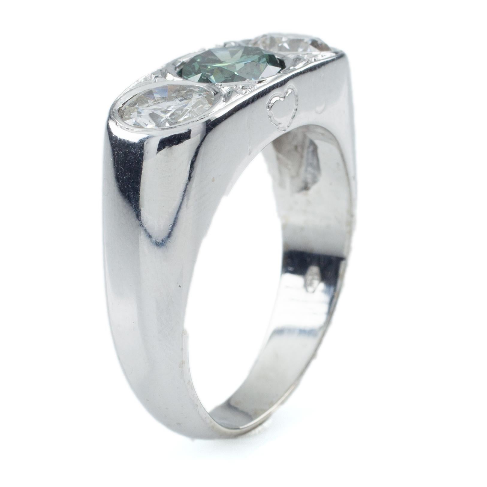 Men's 1.00 Carat Blue Diamond 14 Karat White Gold Three-Diamond Ring For Sale