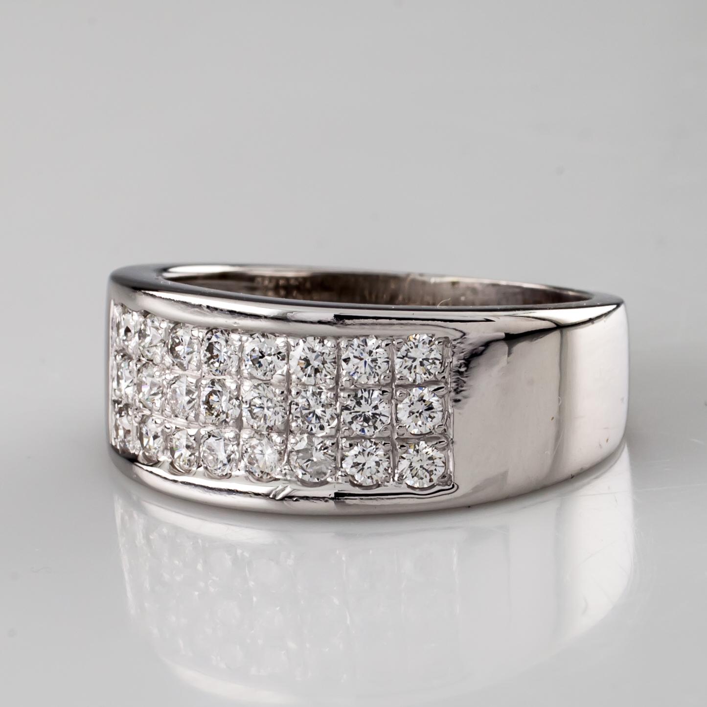 Features 3 Rows of 8 Diamonds Each in Pave Setting
Total Diamond Weight = 1.80 ct
Average Color = G - H
Average Clarity = VS
Width of Plaque = 11 mm
Width of Band = 4 mm
Size 12.25
Total Mass = 15.4 grams