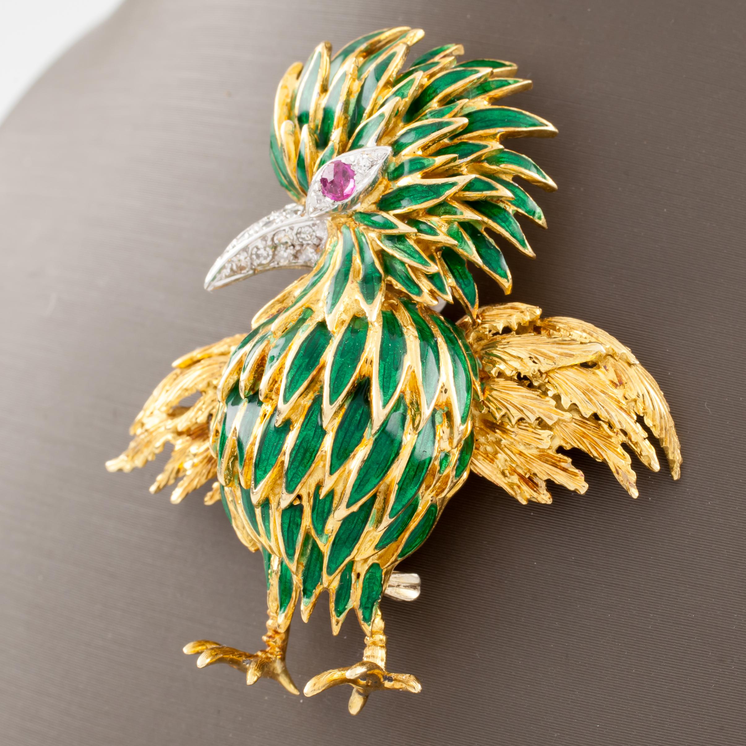 18 Karat Yellow Gold Diamond and Ruby Green Enamel Bird Brooch In Excellent Condition In Sherman Oaks, CA