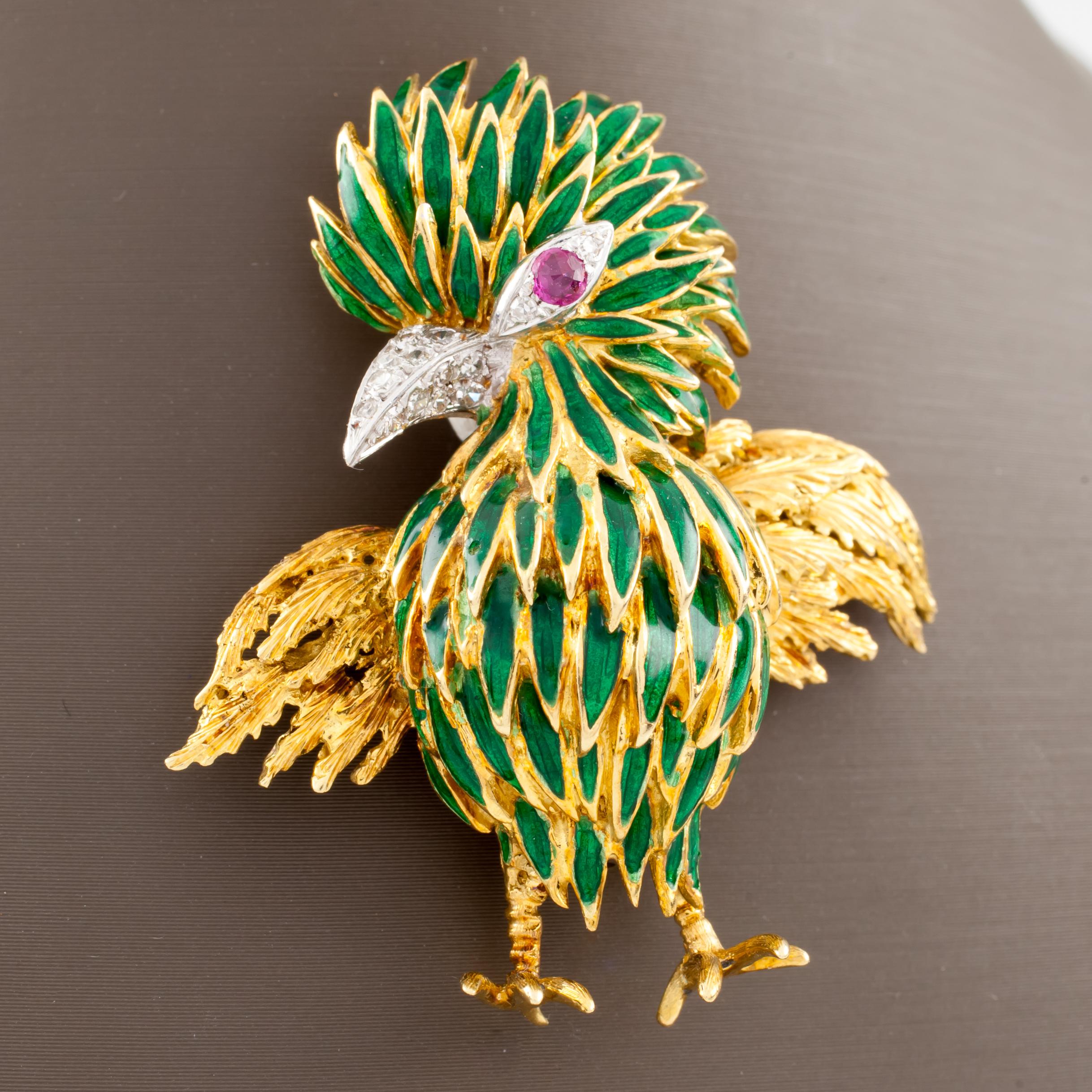 Round Cut 18 Karat Yellow Gold Diamond and Ruby Green Enamel Bird Brooch