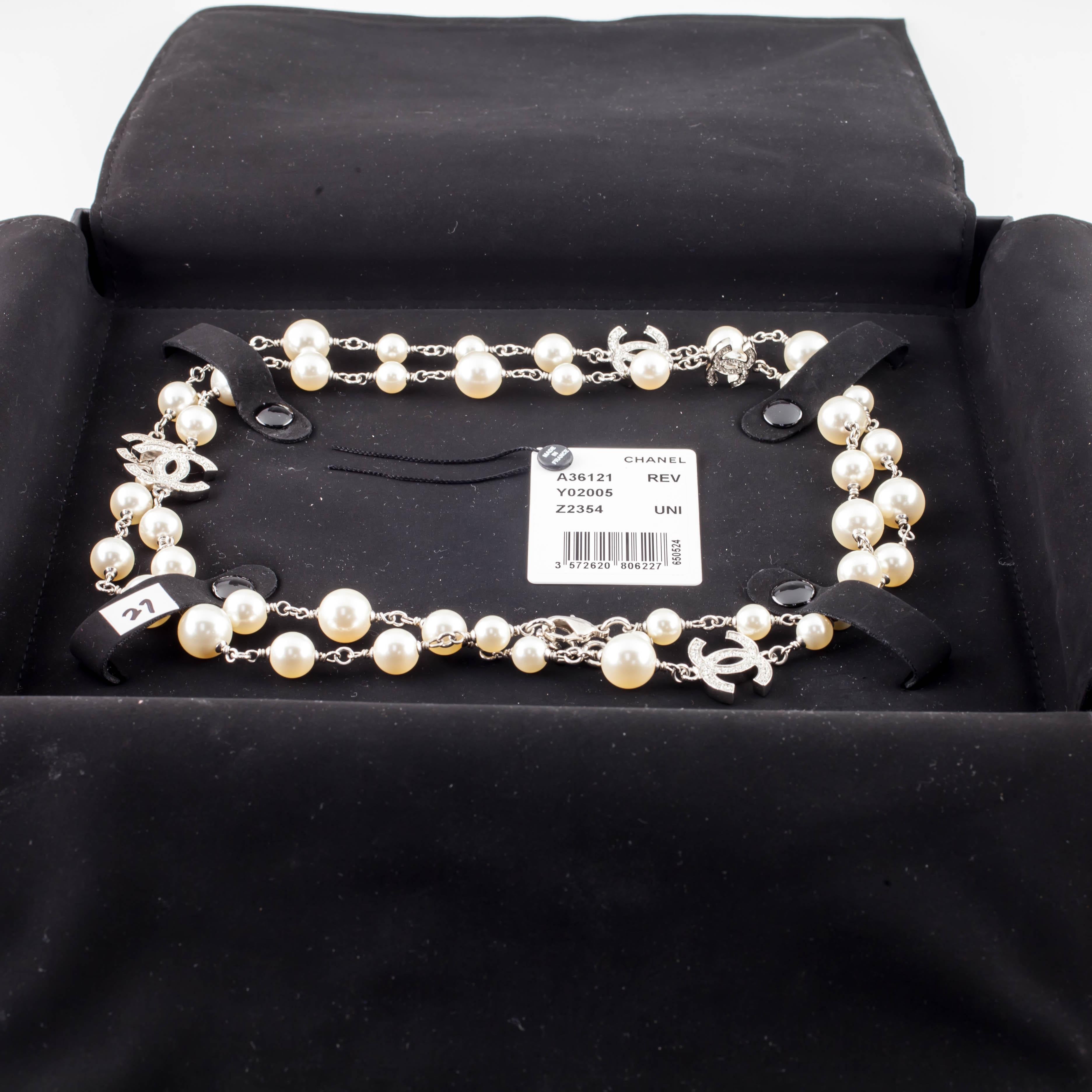 Chanel Glass Pearl and 5 Crystal CC Strand Necklace with Box and Pouch 1