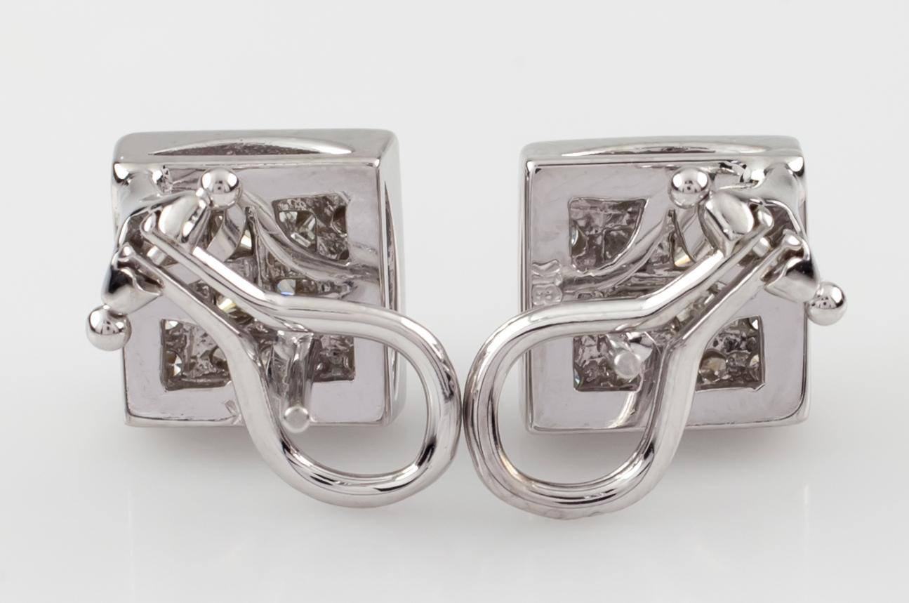 Women's 1.80 Carat Diamond 18 Karat White Gold Plaque Earrings with Omega Backs For Sale