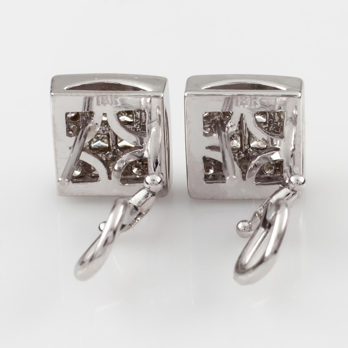 1.80 Carat Diamond 18 Karat White Gold Plaque Earrings with Omega Backs In Good Condition For Sale In Sherman Oaks, CA