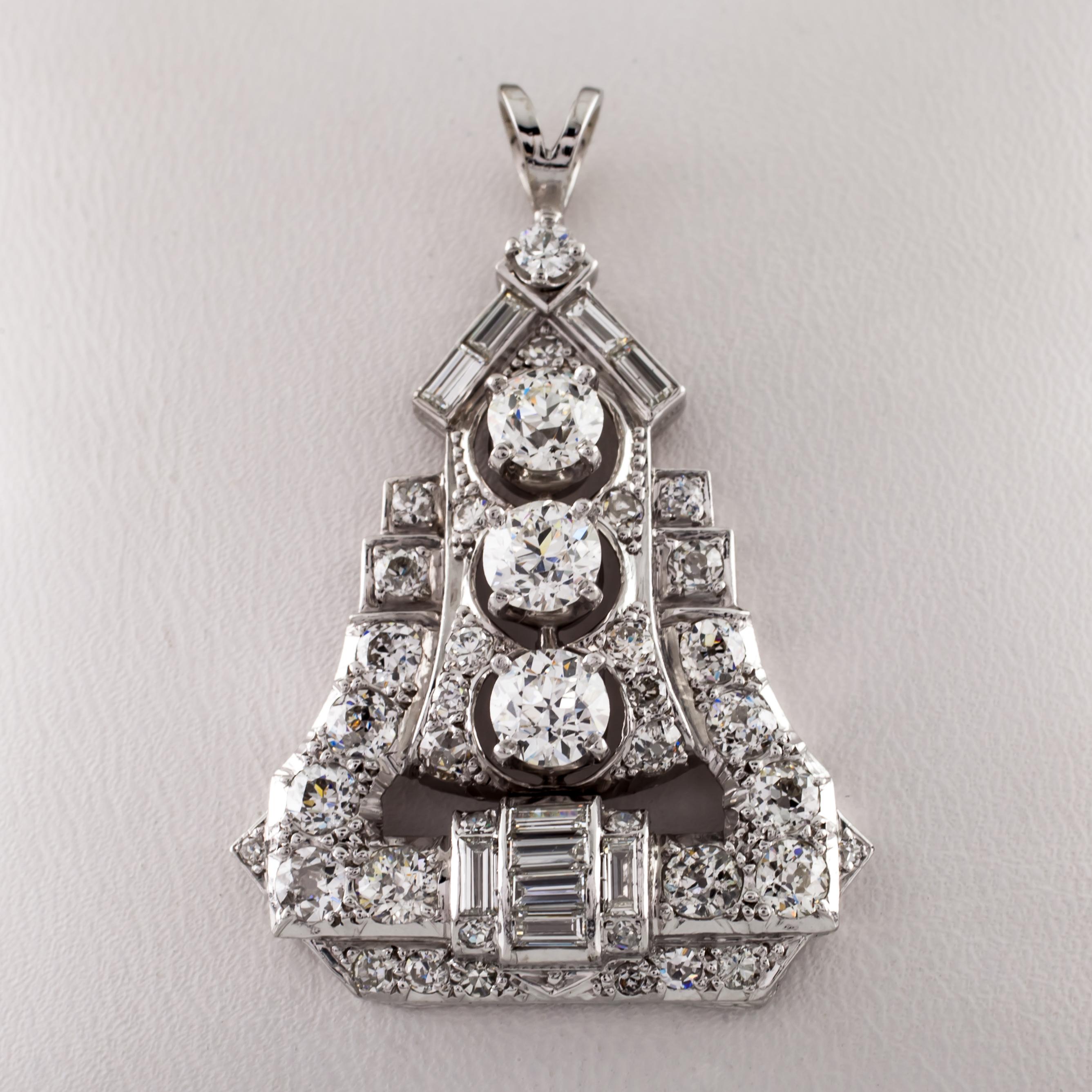 Gorgeous Pagoda Structure Drop Pendant
Platinum Setting
Total Diamond Weight = 4.00 carats
Diamond Color Grade = E - F (colorless) 
Diamond Clarity Grade = VS 
Total Mass = 9.2 grams
Size of pendant = 1.50 inches  x 1.00 inches