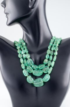 Polished Emerald 400 Carat Three-Strand Necklace with Diamond 14k Gold Clasp