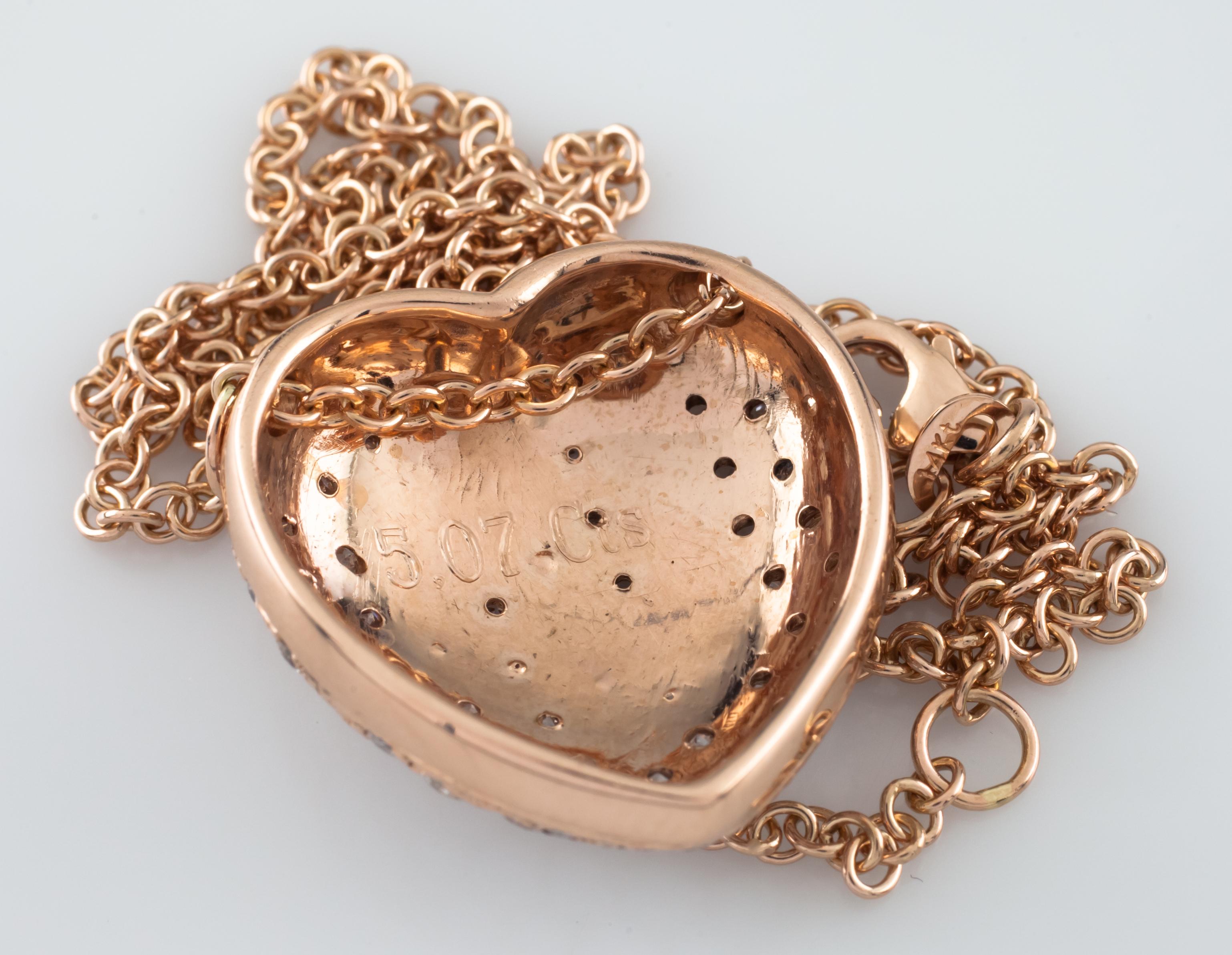 5.07 Carat Diamond Heart 14 Karat Rose Gold Pave Pendant Necklace with Chain 1