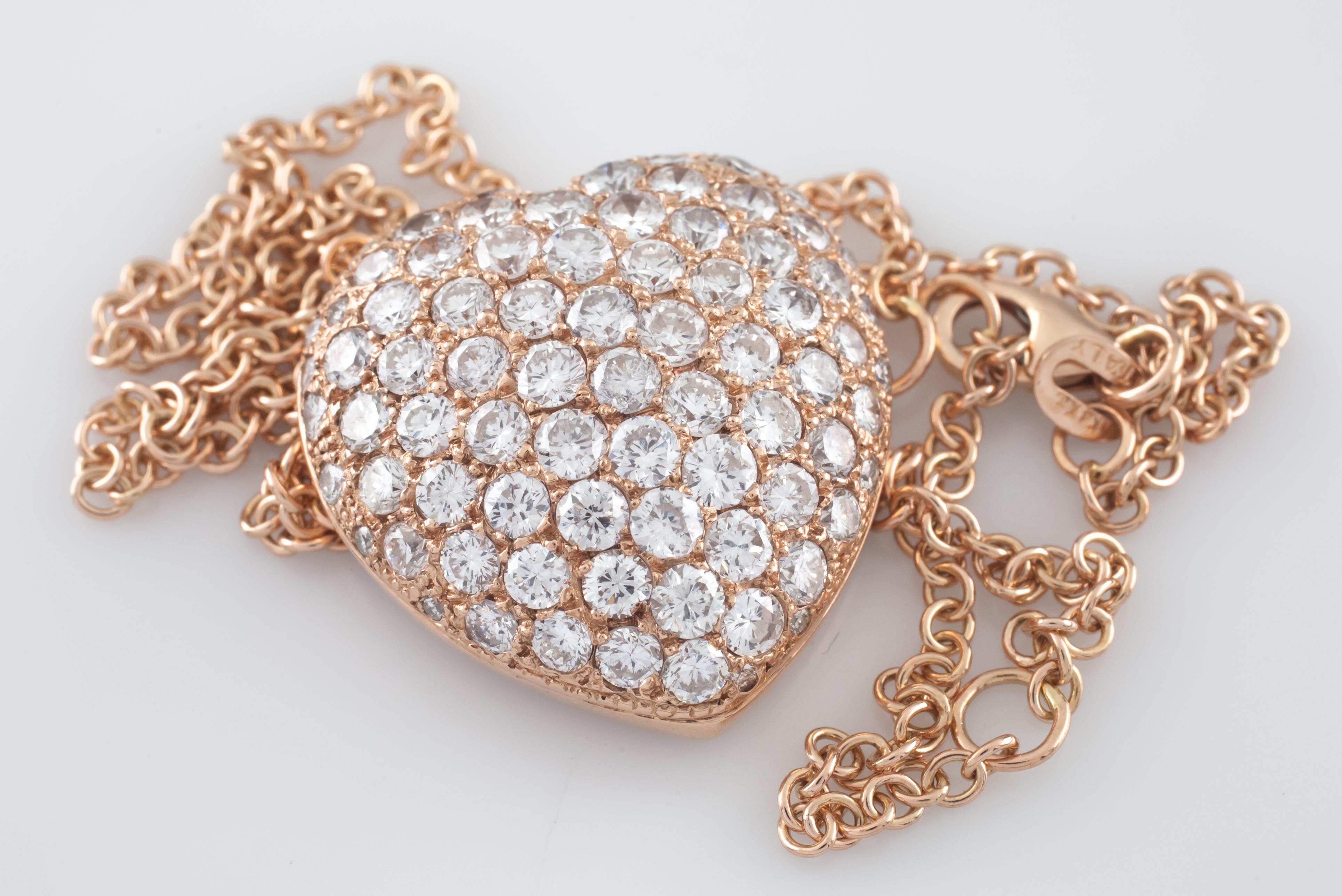 Women's 5.07 Carat Diamond Heart 14 Karat Rose Gold Pave Pendant Necklace with Chain
