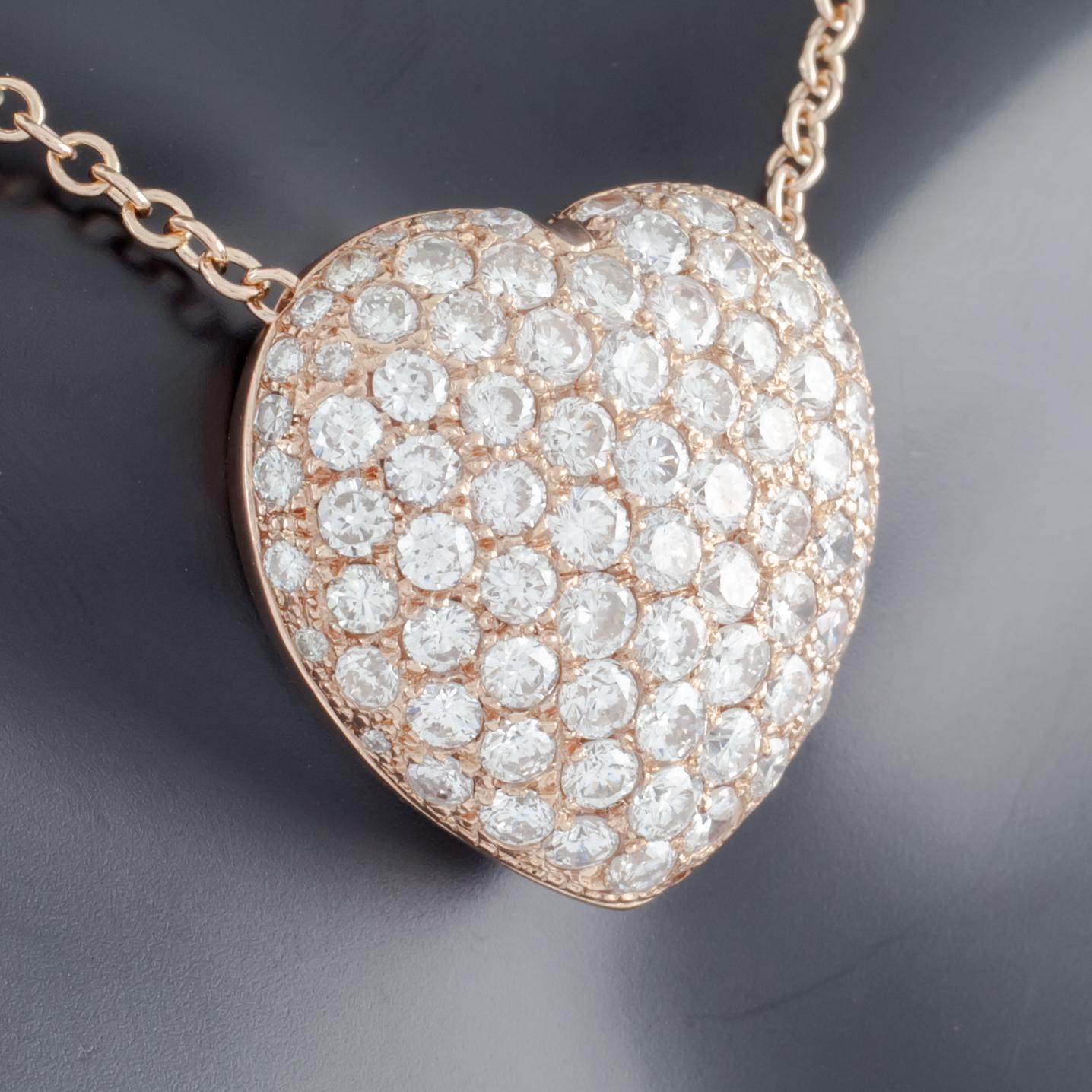 5.07 Carat Diamond Heart 14 Karat Rose Gold Pave Pendant Necklace with Chain In Excellent Condition In Sherman Oaks, CA