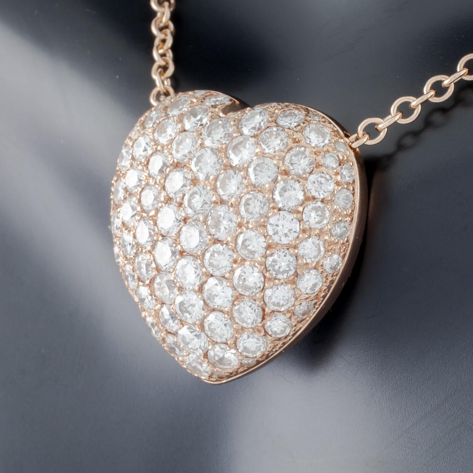 Round Cut 5.07 Carat Diamond Heart 14 Karat Rose Gold Pave Pendant Necklace with Chain