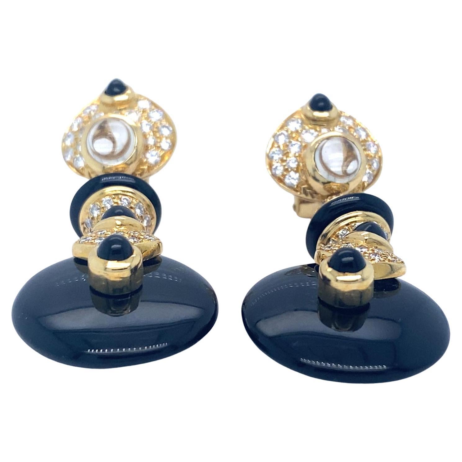 18k Yellow Gold & Black Onyx Earrings w/ Moonstone & 1.66ct Diamond Accents
