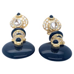 18 Karat Gelbgold & Schwarzer Onyx Ohrringe mit Mondstein und 1,66 Karat Diamant-Akzenten