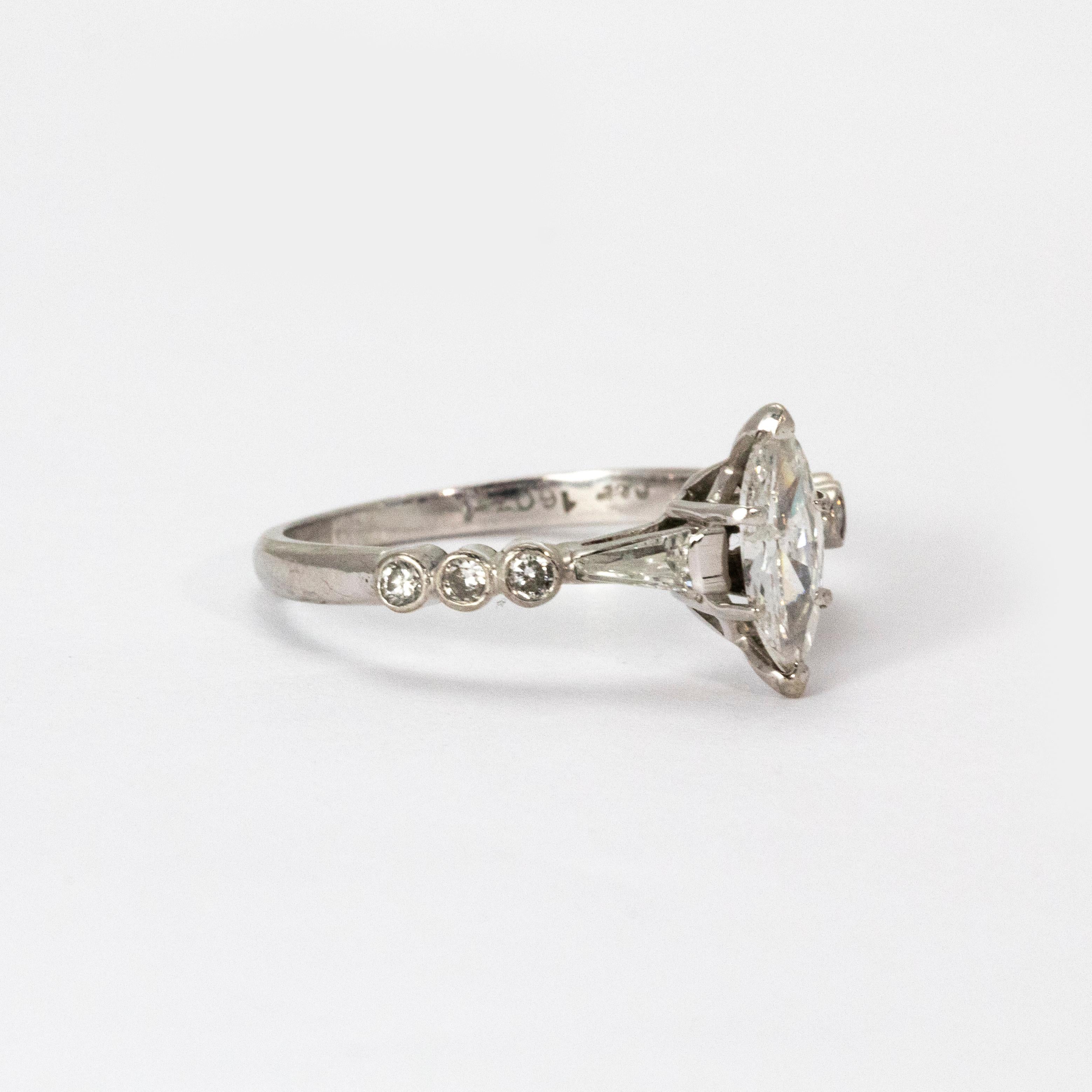 Women's or Men's Certified 1940s Diamond Marquise Ring For Sale