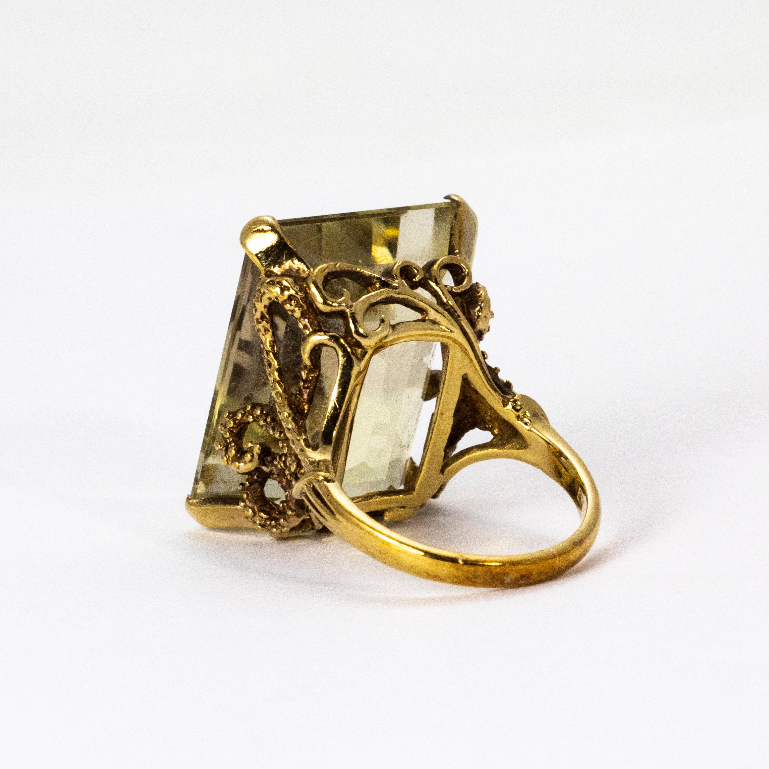 Emerald Cut Large 1940s Gold Citrine Dress Ring with Ornate Gold Shank