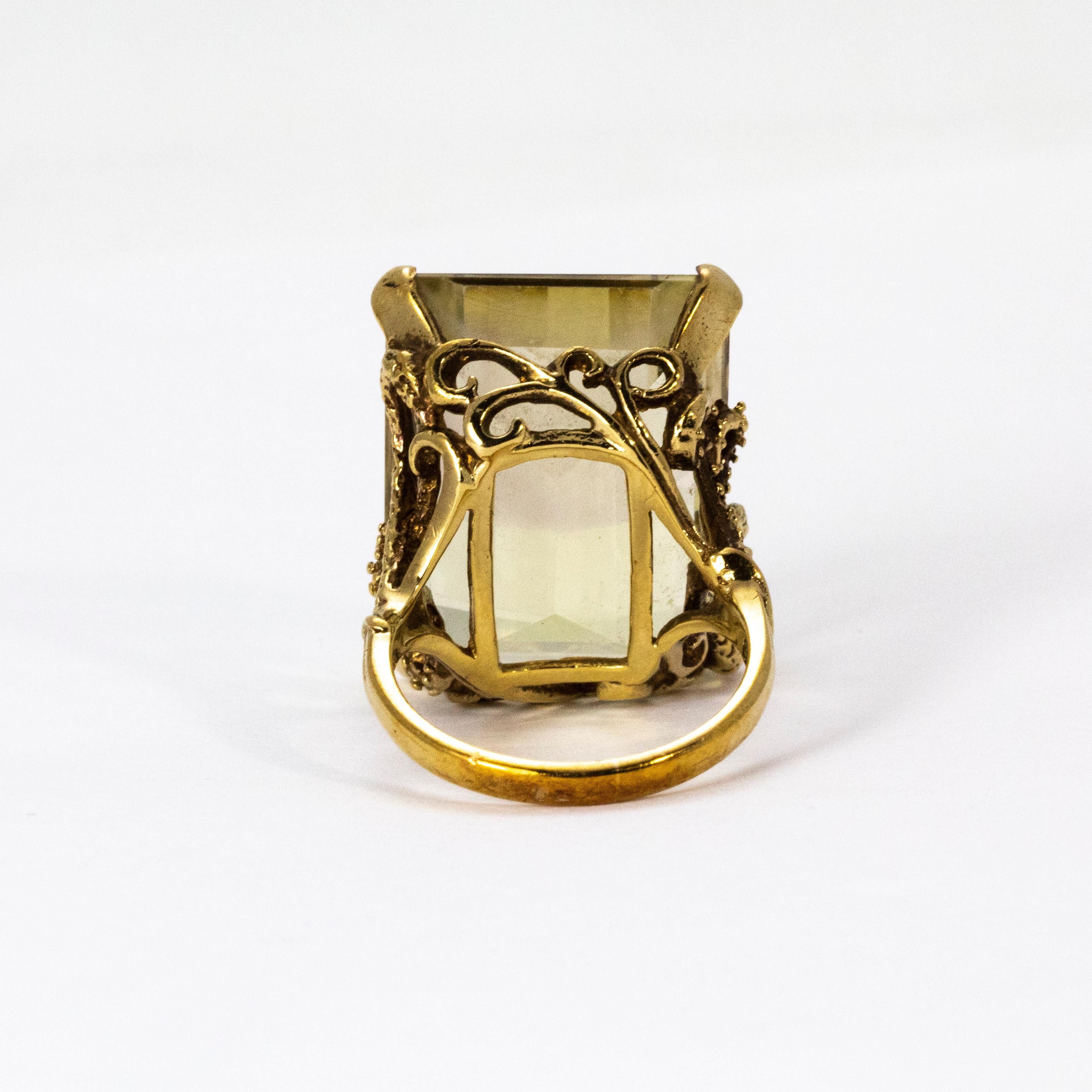 Large 1940s Gold Citrine Dress Ring with Ornate Gold Shank In Good Condition In Chipping Campden, GB
