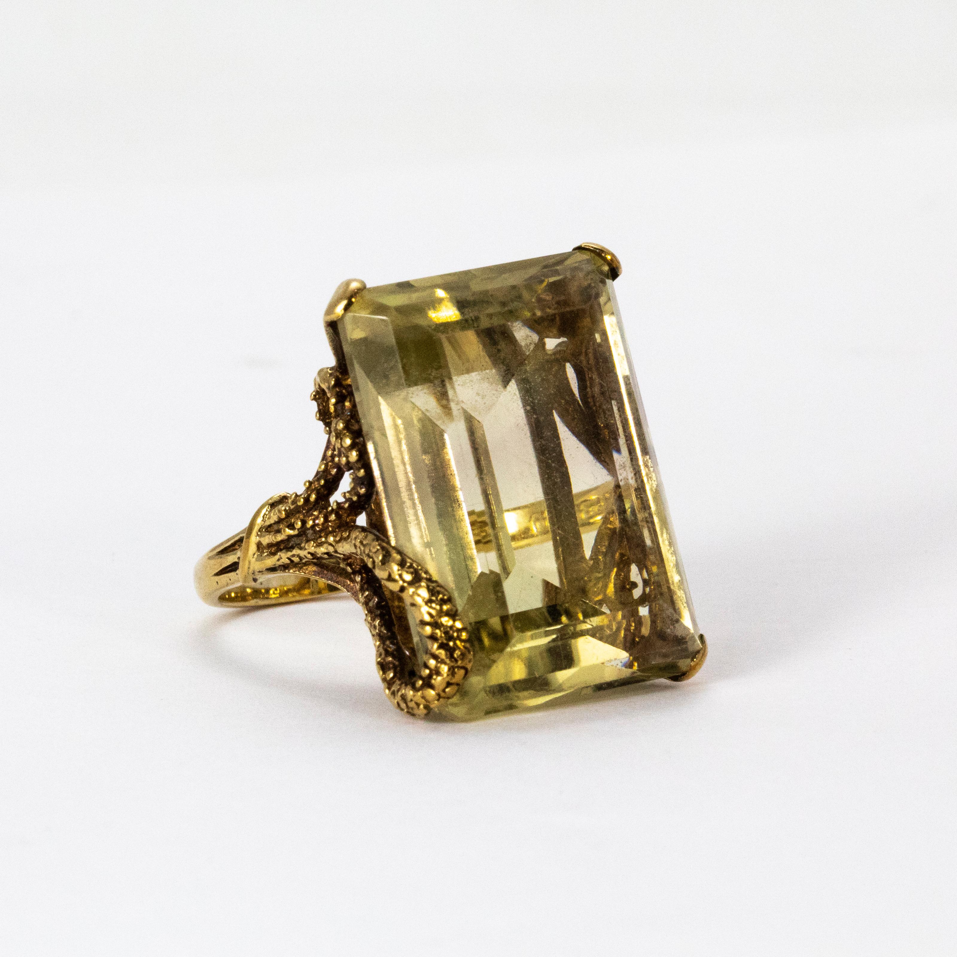 Large 1940s Gold Citrine Dress Ring with Ornate Gold Shank 1