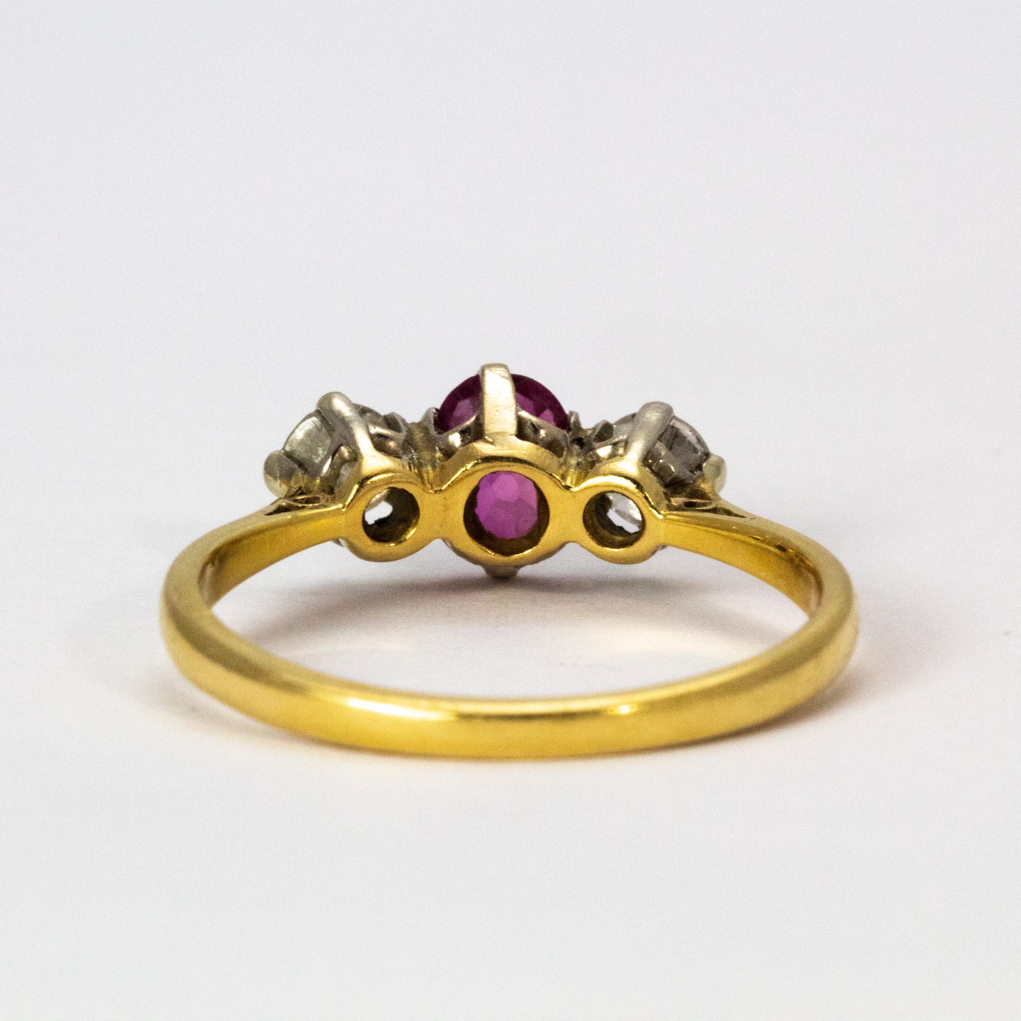 Art Deco Vintage Ruby and Diamond Three-Stone Ring