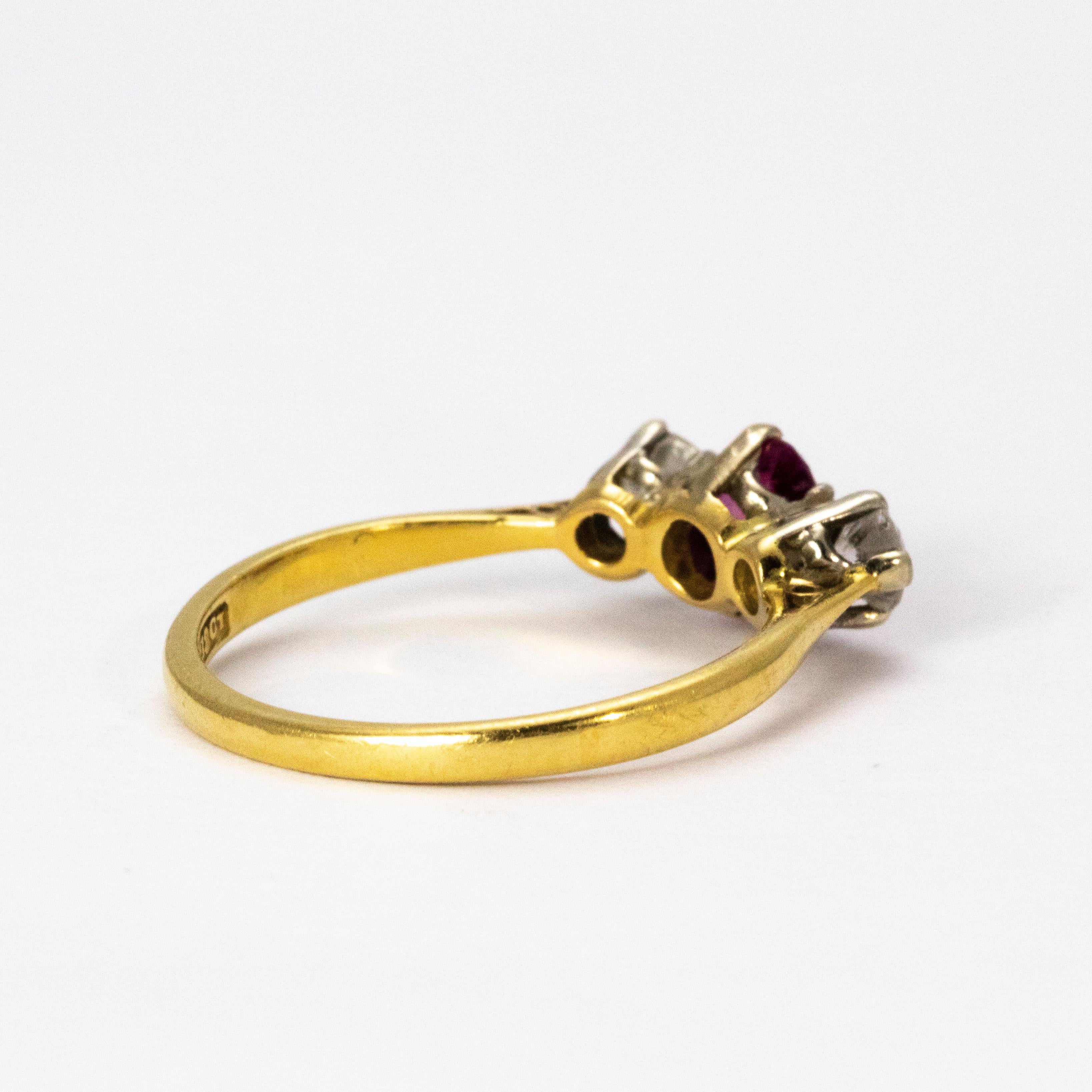 Vintage Ruby and Diamond Three-Stone Ring In Good Condition In Chipping Campden, GB