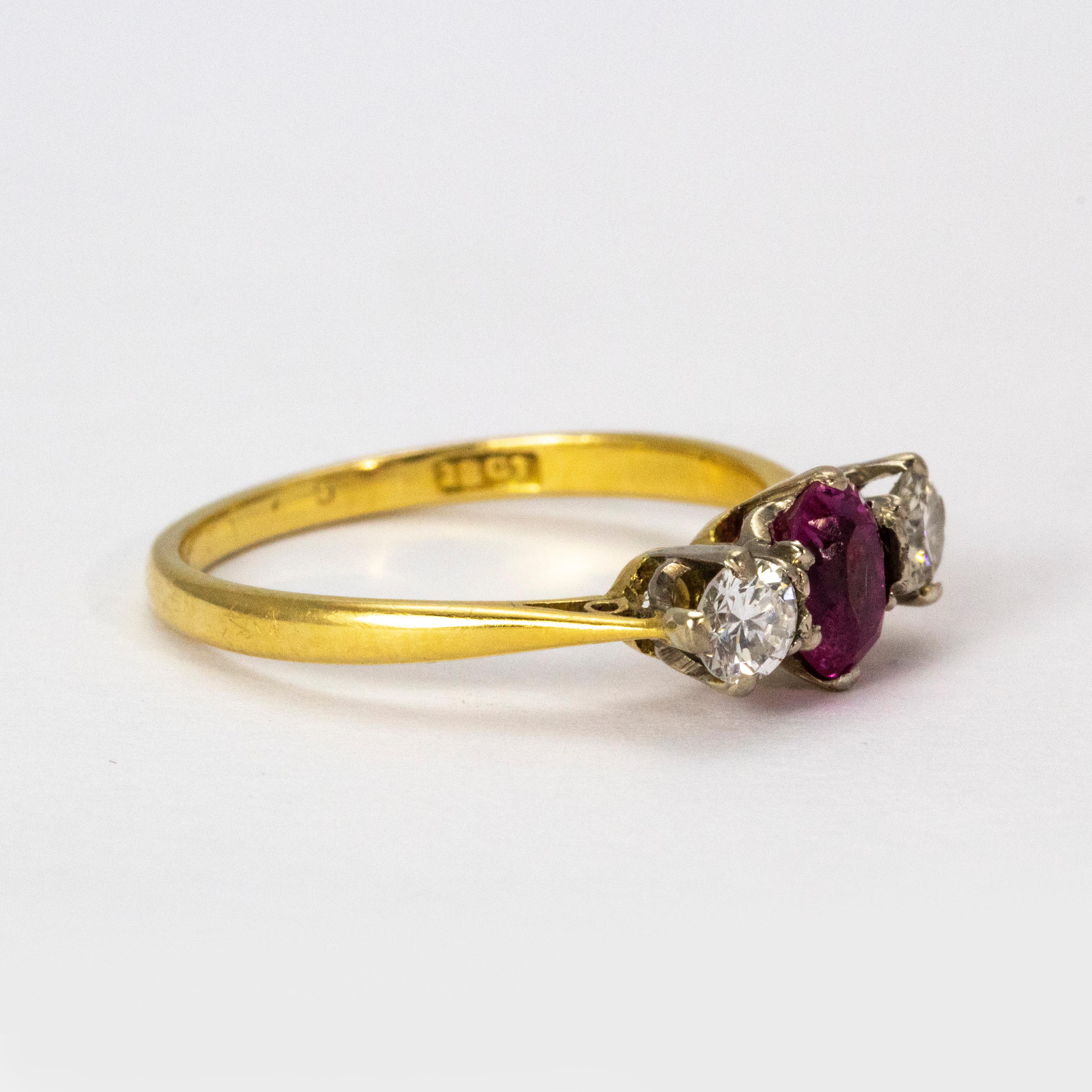 Women's or Men's Vintage Ruby and Diamond Three-Stone Ring