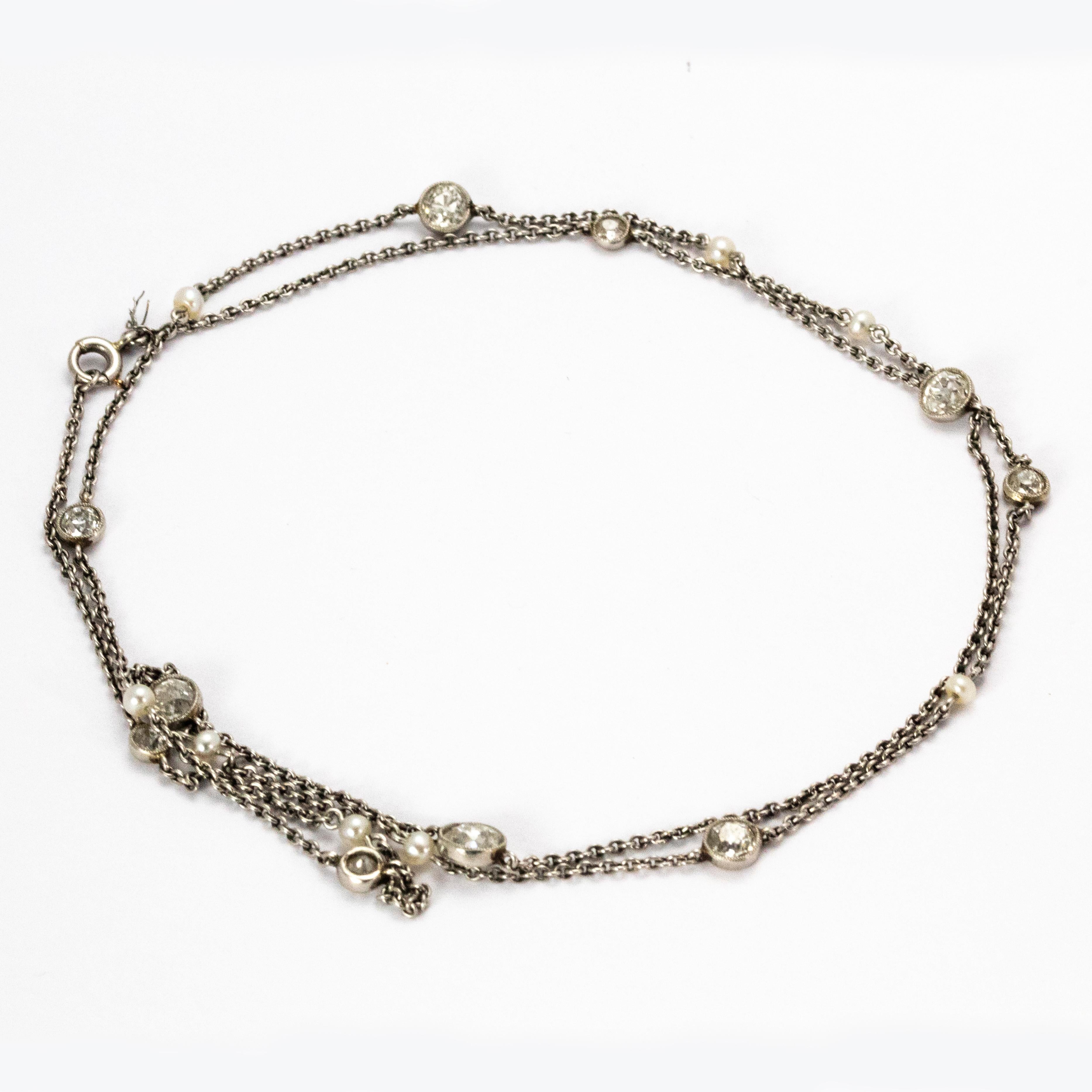 Old European Cut Art Deco Diamond and Natural Pearl Platinum Chain Necklace For Sale