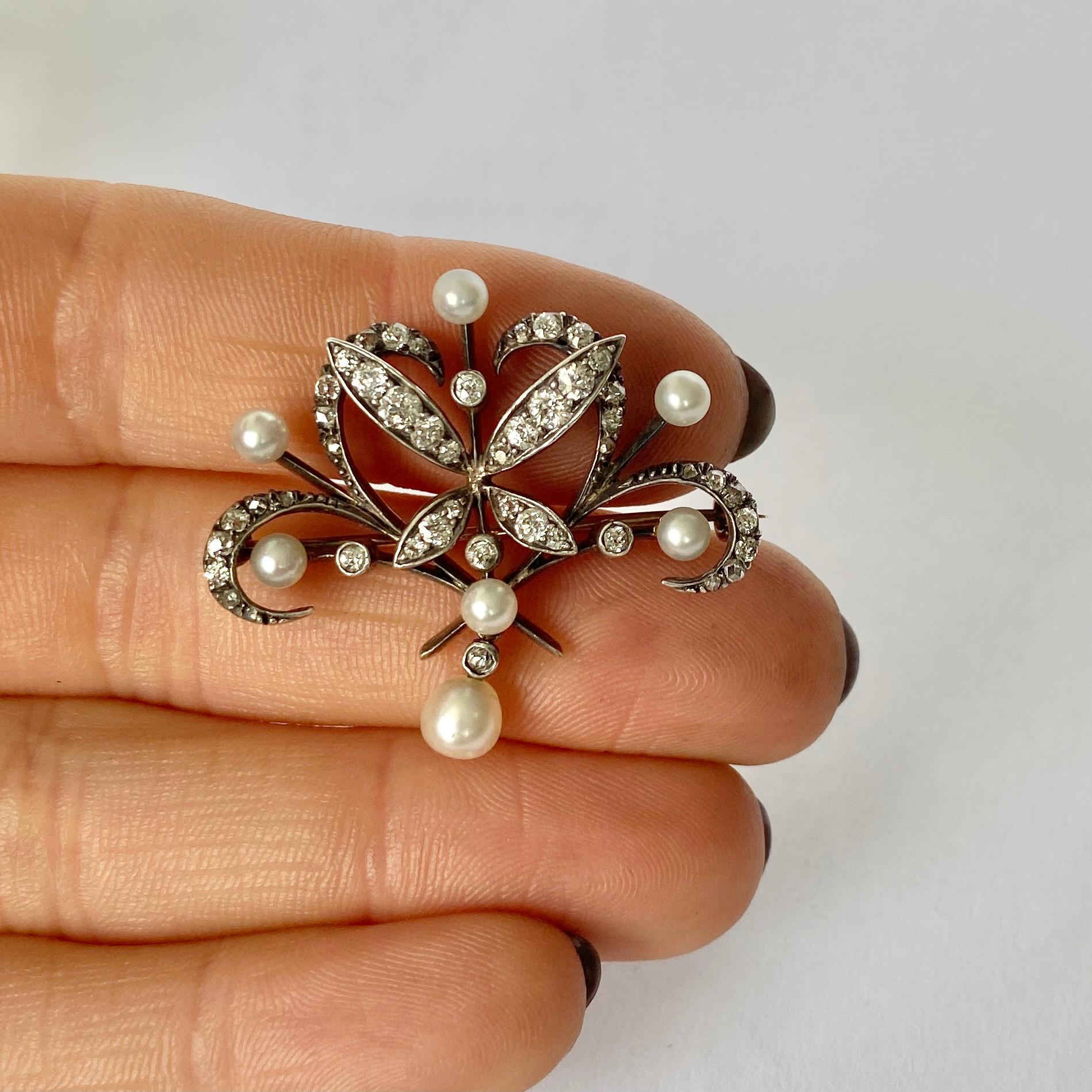 Art Deco Antique Diamond and Pearl Gold Brooch For Sale