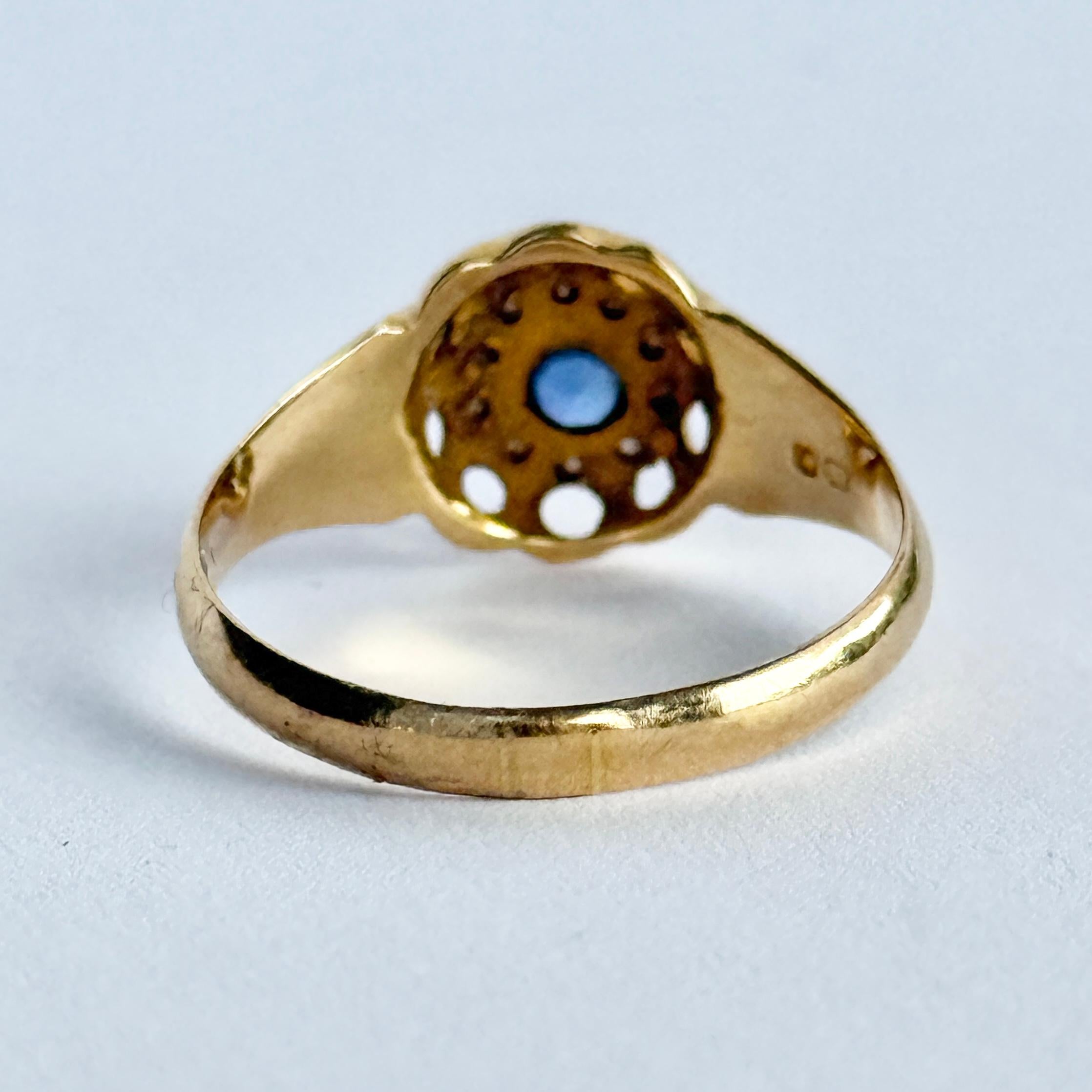 Anello a grappolo antico con zaffiro e diamante in oro 18 carati In condizioni buone in vendita a Chipping Campden, GB
