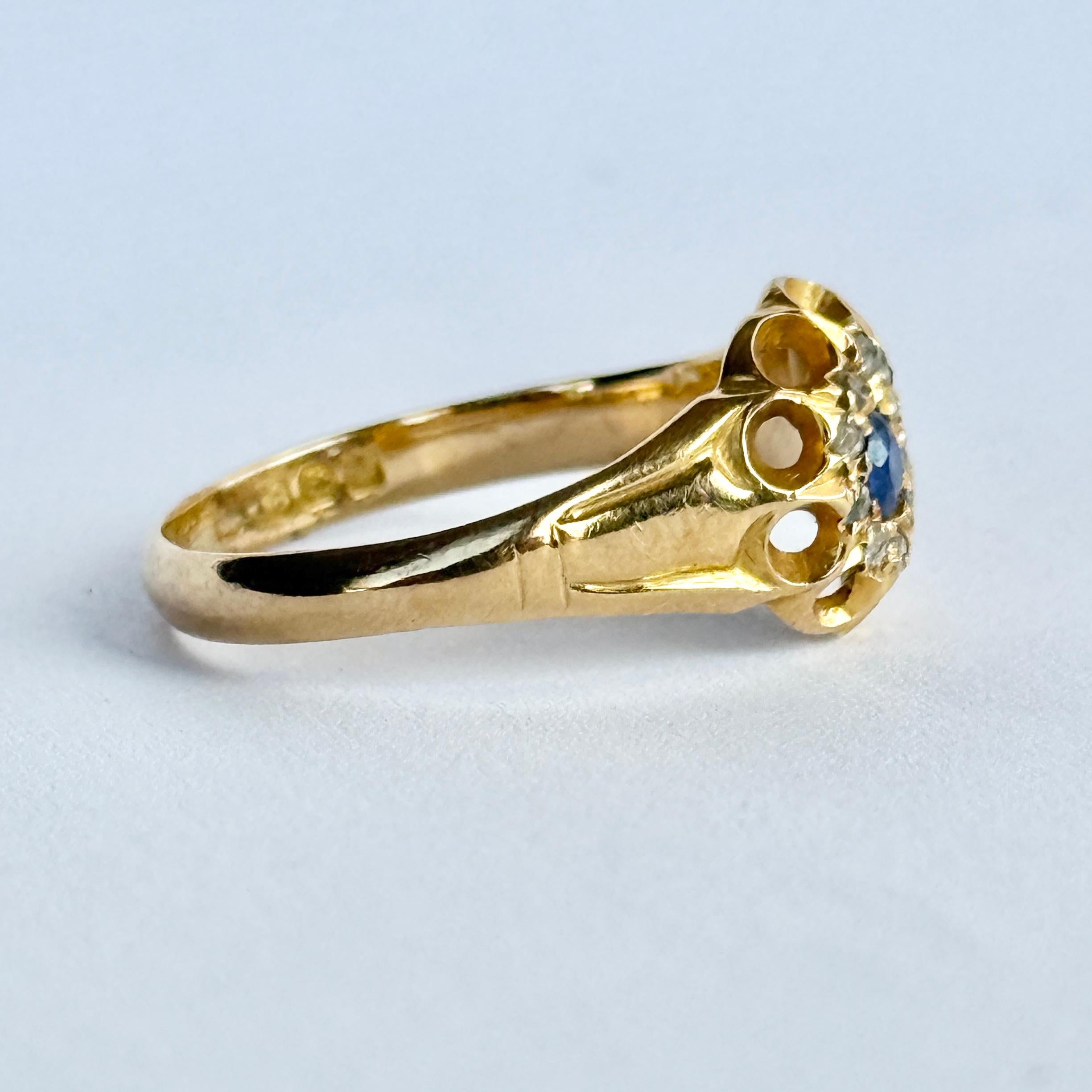 da uomo o donna Anello a grappolo antico con zaffiro e diamante in oro 18 carati in vendita