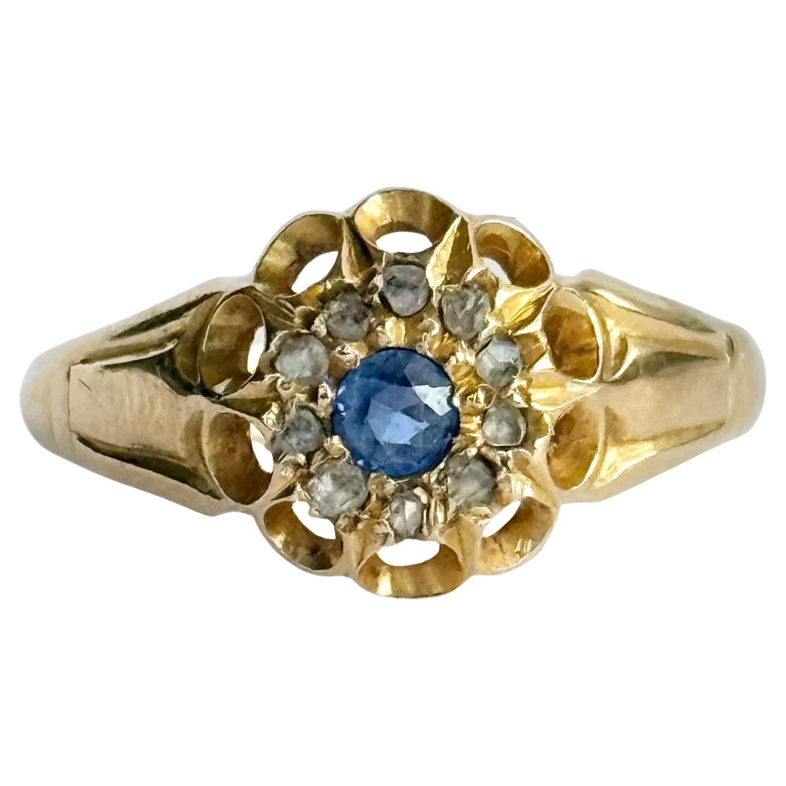 Anello a grappolo antico con zaffiro e diamante in oro 18 carati in vendita