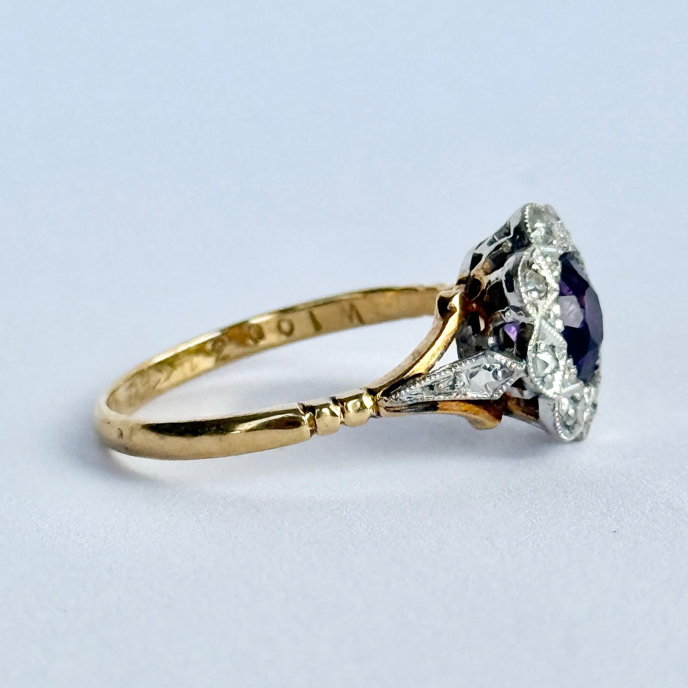 Vintage Amethyst und Diamant 18 Karat Gold Cluster Ring im Angebot 2