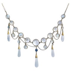 Vintage Moonstone, Sapphire and 9 Carat Gold Fringe Necklace