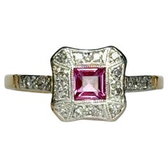 Art Deco Pink Stone and Diamond 18 Carat Gold and Platinum Panel Ring