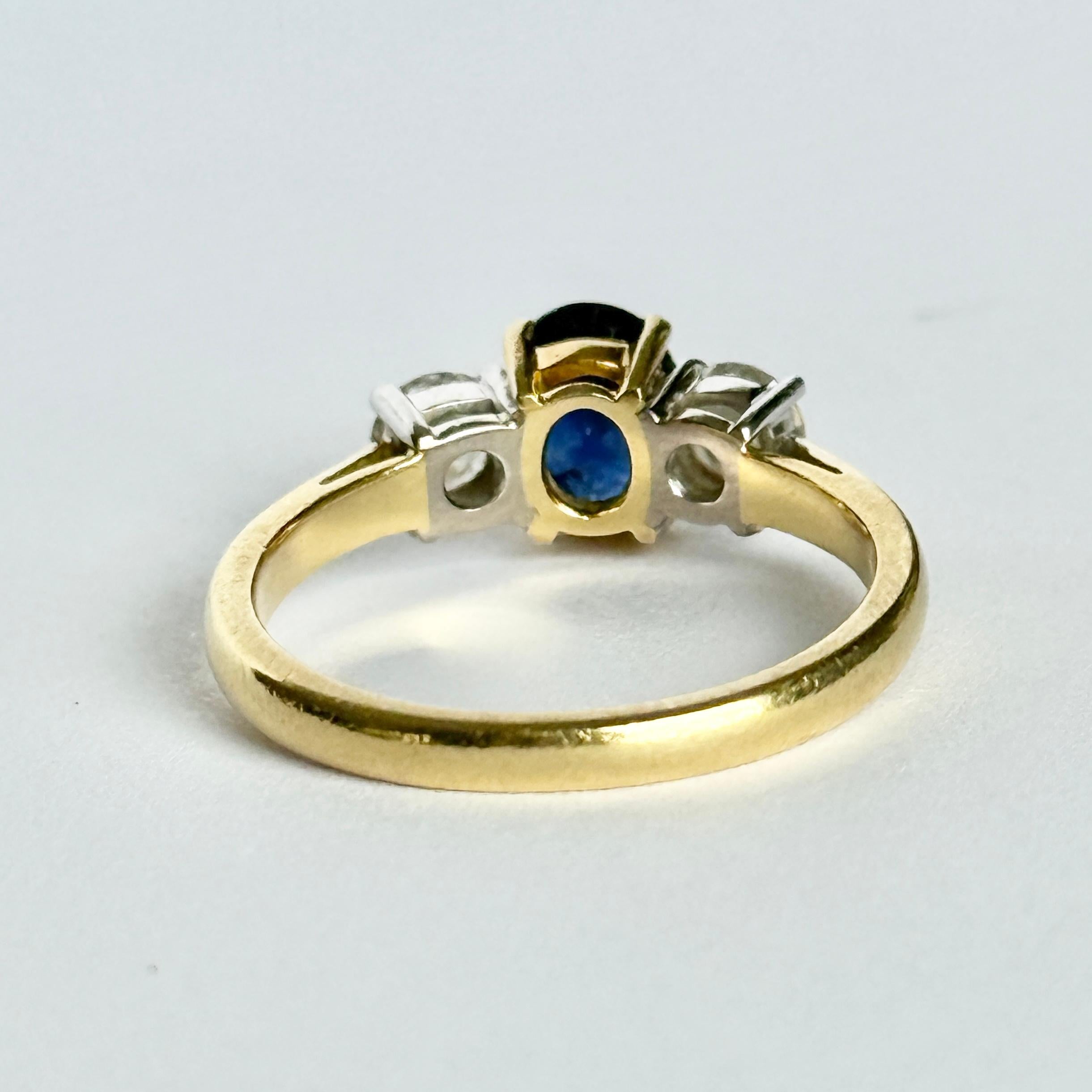 da uomo o donna Anello a tre pietre in oro 18 carati con zaffiro e diamante vintage in vendita
