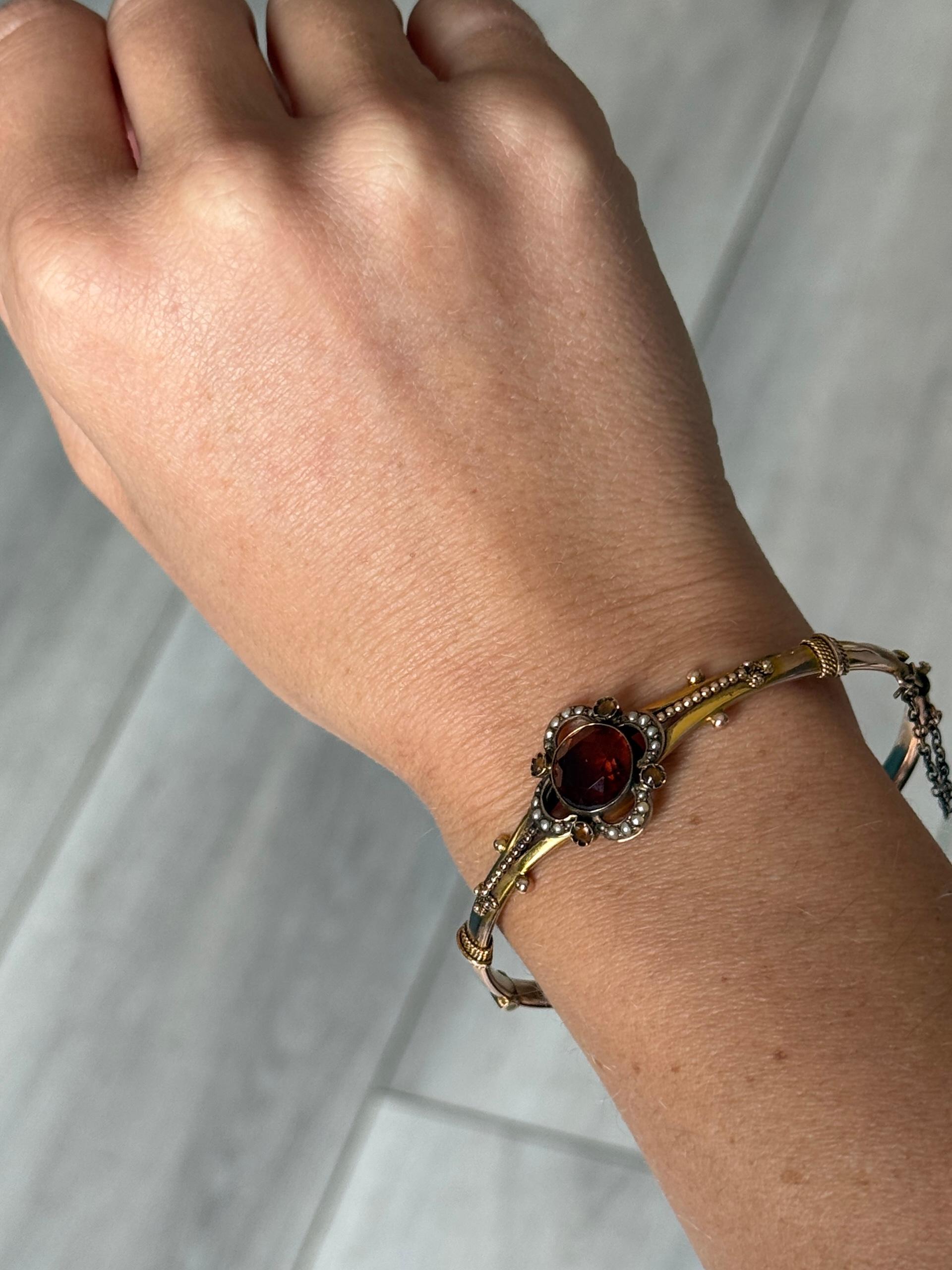 Round Cut Edwardian Citrine and Pearl 9 Carat Gold Bangle For Sale
