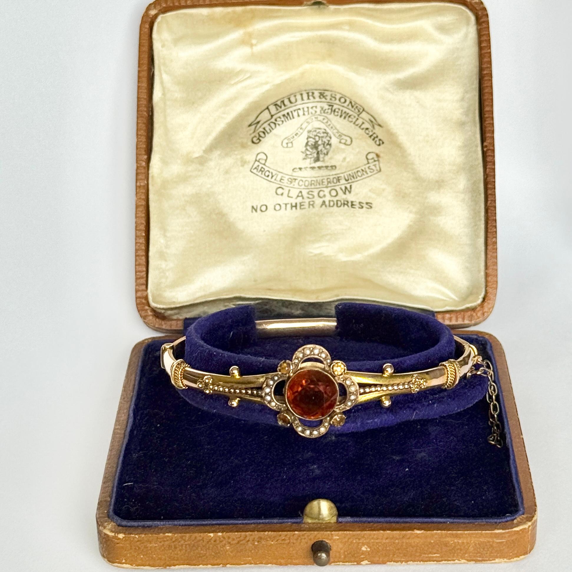 Edwardian Citrine and Pearl 9 Carat Gold Bangle In Good Condition For Sale In Chipping Campden, GB
