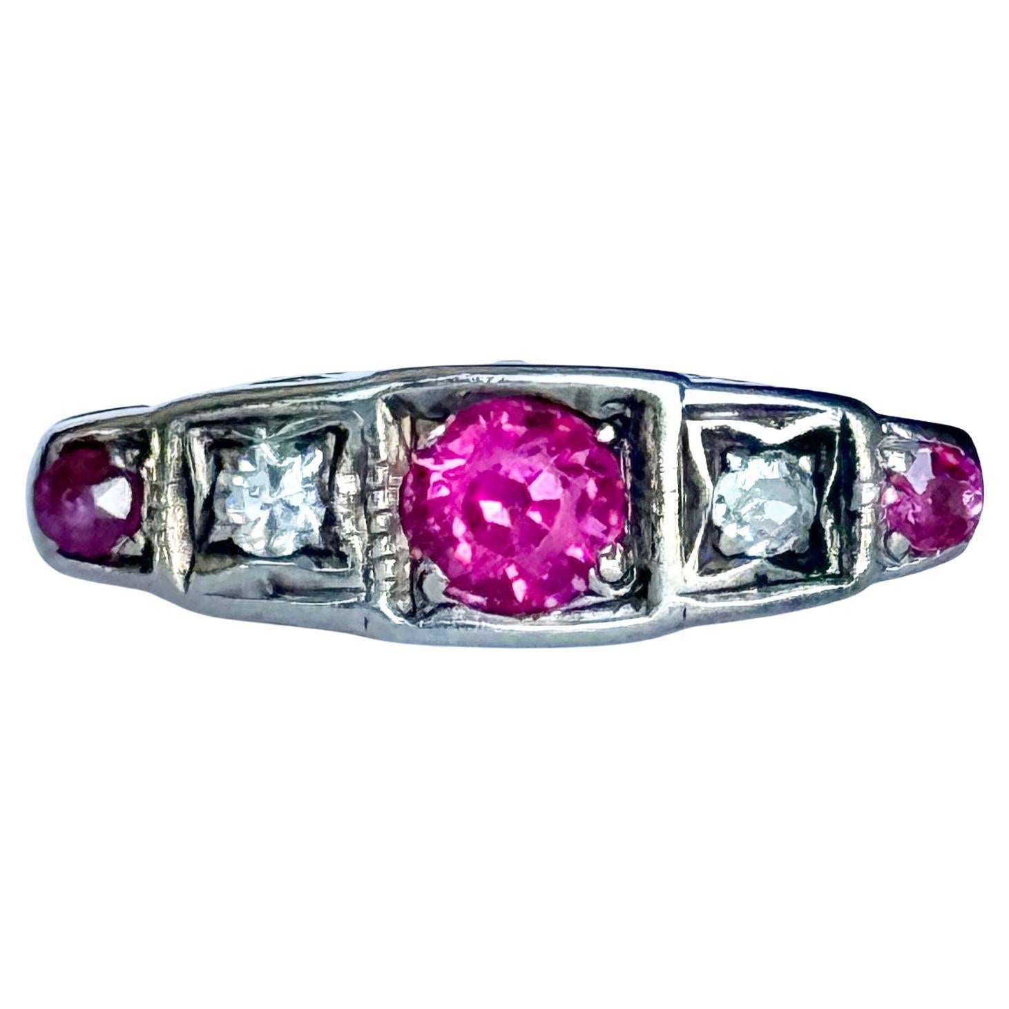 Art Deco 18 Carat Gold and Platinum Diamond and Ruby Five-Stone Ring
